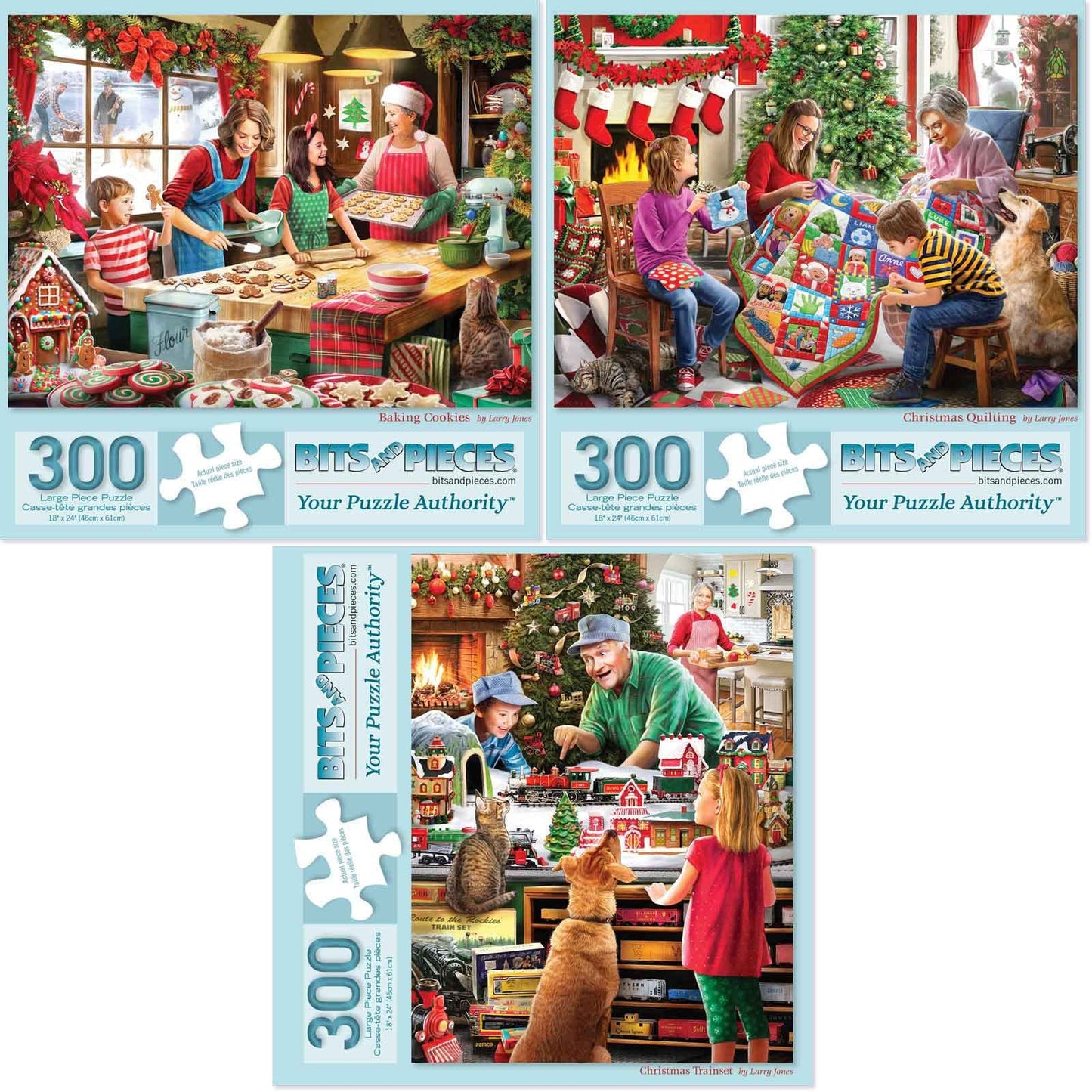 Bits and Pieces - Value Set of Three (3) 300 Piece Jigsaw Puzzles for Adults - 18' x 24' Each - Large Pc Holidays Christmas Jigsaws by Larry Jones