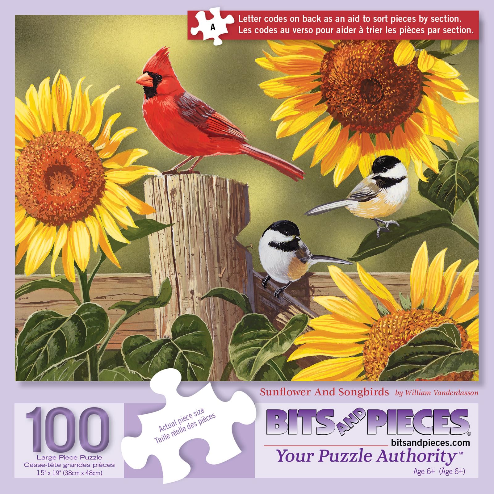 Bits and Pieces - 100 Piece Jigsaw Puzzle for Adults - Sunflower & Songbirds - Cardinals Jigsaw Puzzle by William Vanderdasson, Completed Puzzle Size