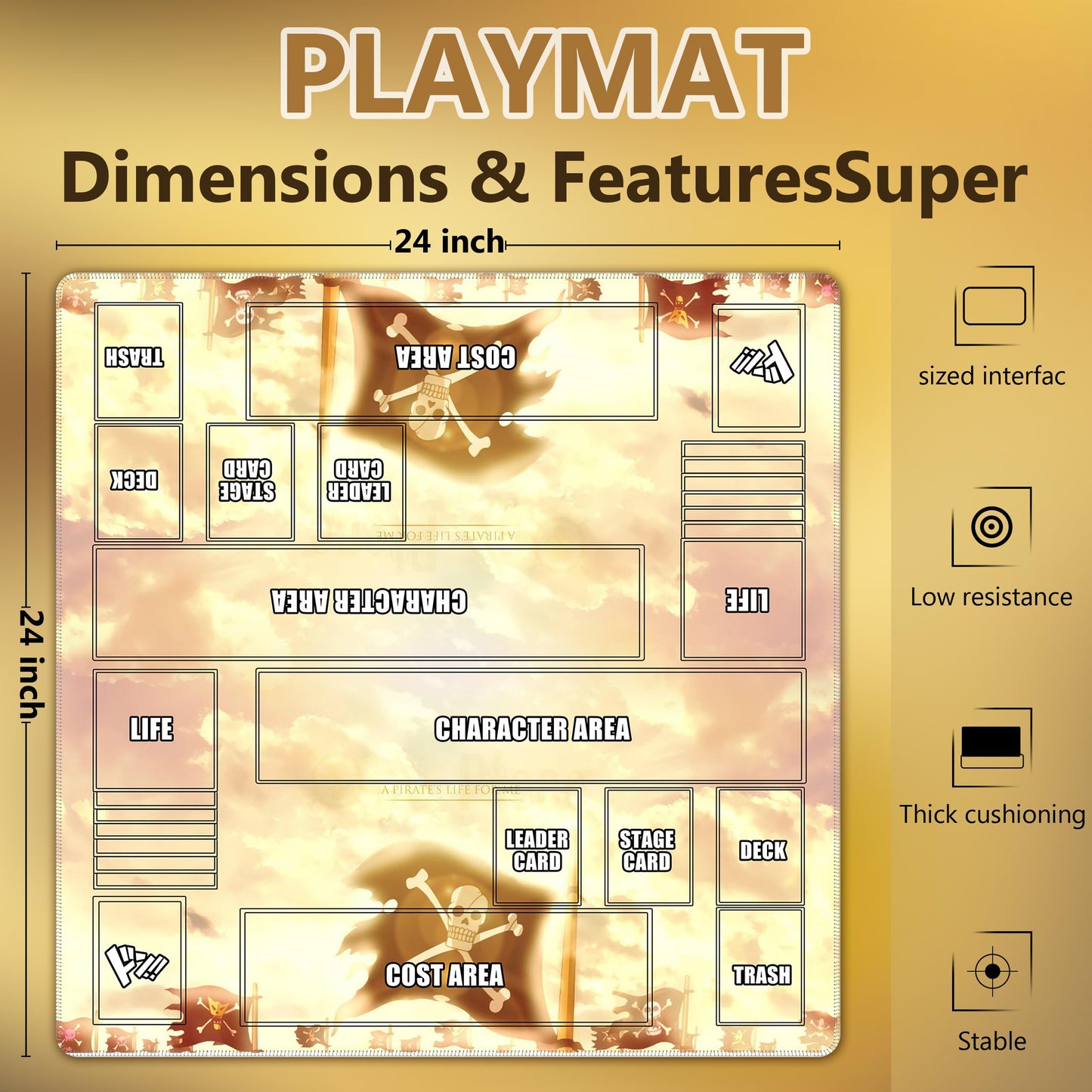 Cylvenor for one piece TCG playmat - 24x24 inches Rubber Battle mat for 2-Player Card Games with Marked Areas, 20 Acrylic counters and Storage Bag