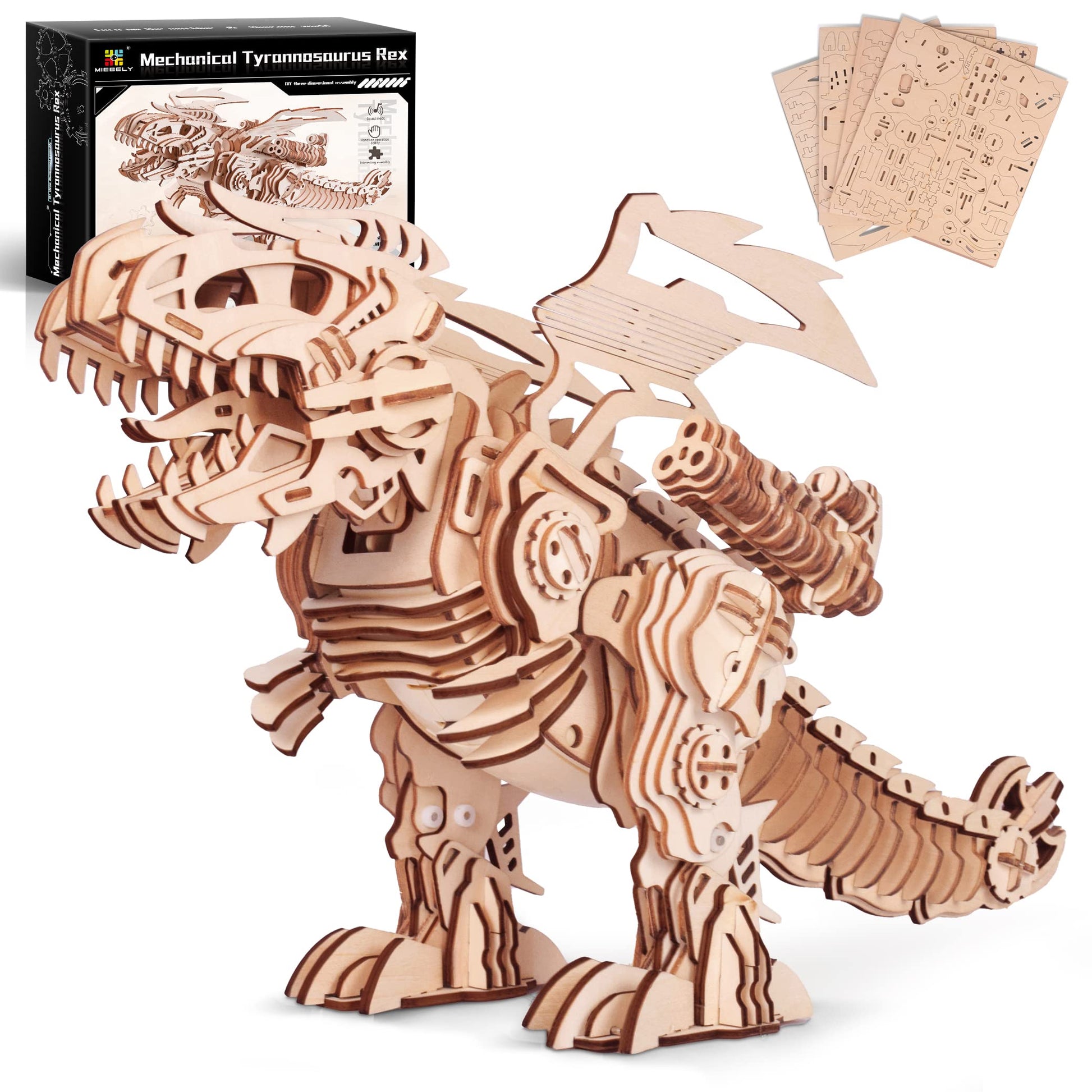 MIEBELY 3D Wooden Puzzles for Adults - T-Rex Dinosaur Model Kits can Walk and Roar, Mechanical Dinosaur STEM Toys for Boys Kids Ages 8-10-12-14, 3-D