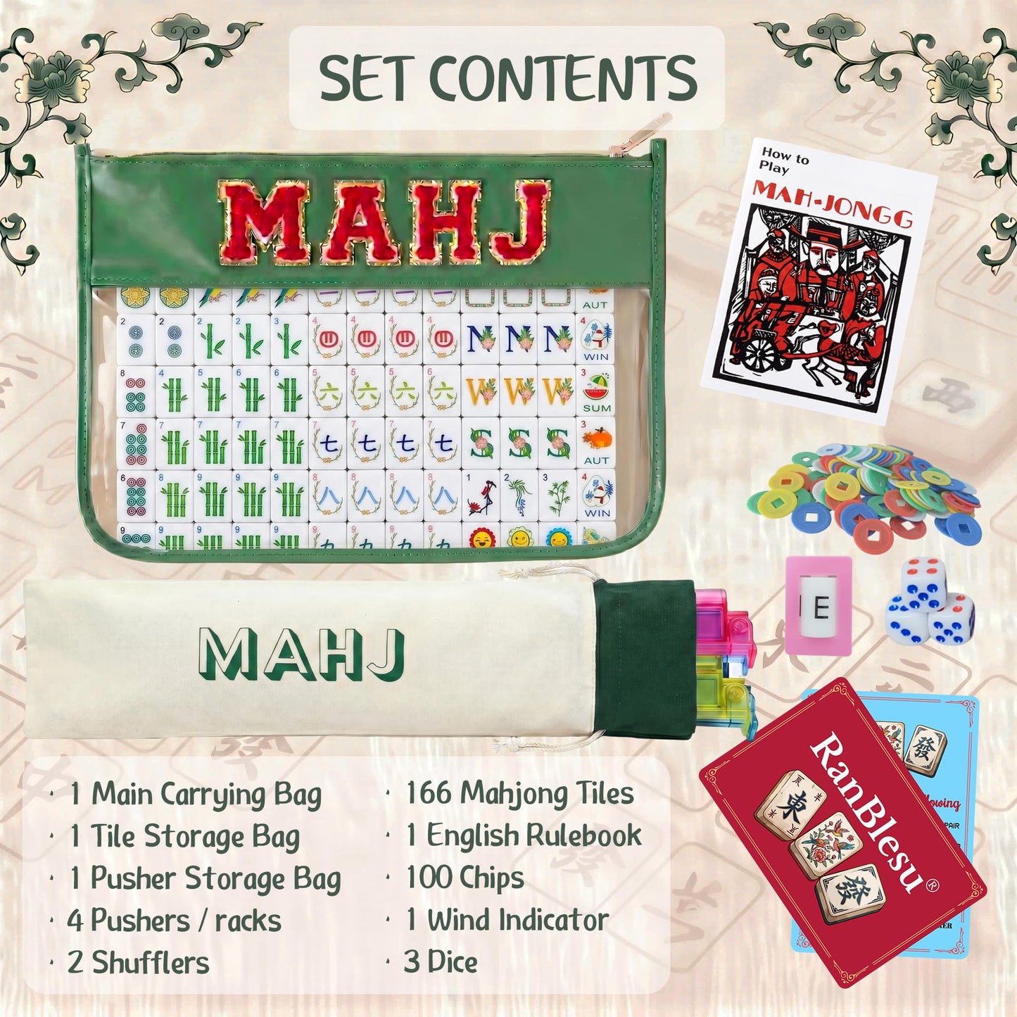 RanBlesu American Mahjong Tile Set, 166 Premium Green Tiles, 4 All-in-One Color Racks/Pushers, Mahjong Accessories Mahjong Set Complete with Bag (Ma