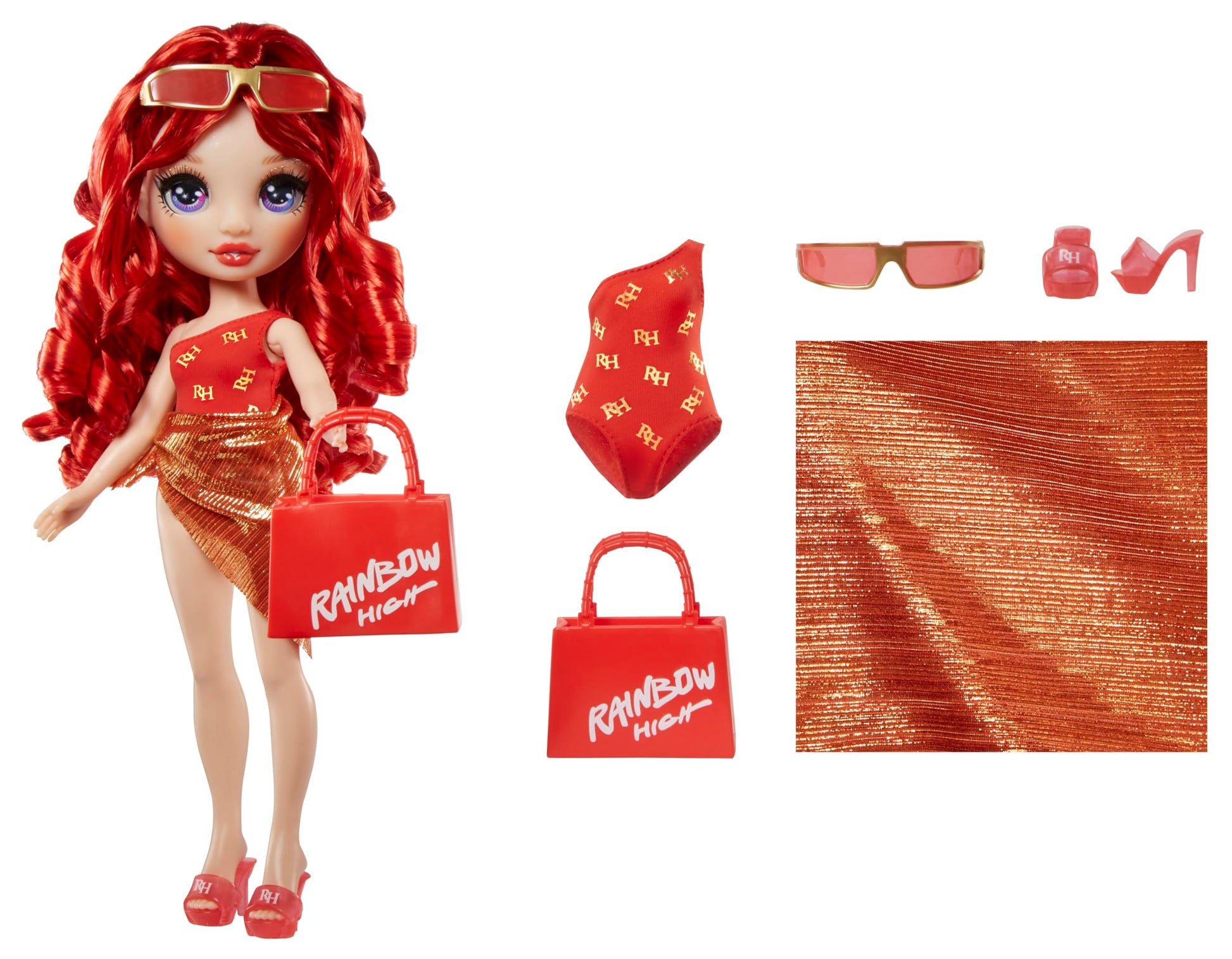 Rainbow High Swim & Style Ruby, Red 11" Fashion Doll with Shimmery Wrap to Style 10+ Ways, Removable Swimsuit, Sandals, Fun Play Accessories. Kids Toy