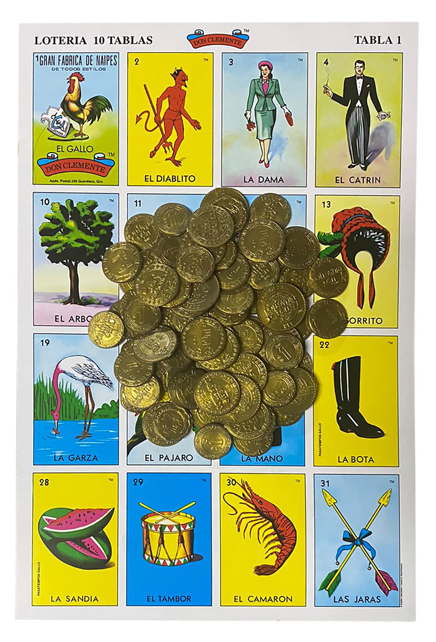 Loteria Mexicana Tradicional Jumbo Don Clemente para 10 Jugadores con 100 Monedas - Jumbo Size Mexican Bingo Set with 100 Counting Chips Plastic Coins