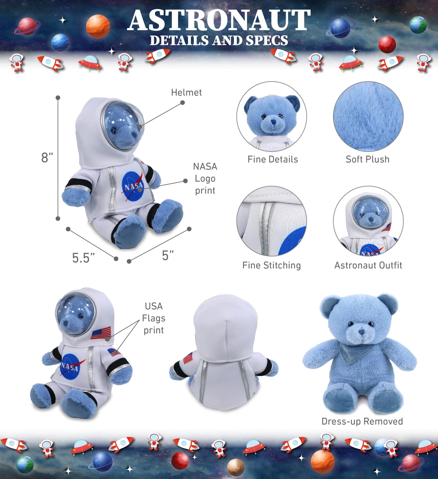DolliBu Baby Blue Bear Astronaut Plush Toy - Wild Life Astronaut Stuffed Animal with Space Helmet and NASA Astronaut Suit, Spaceman Doll Decor