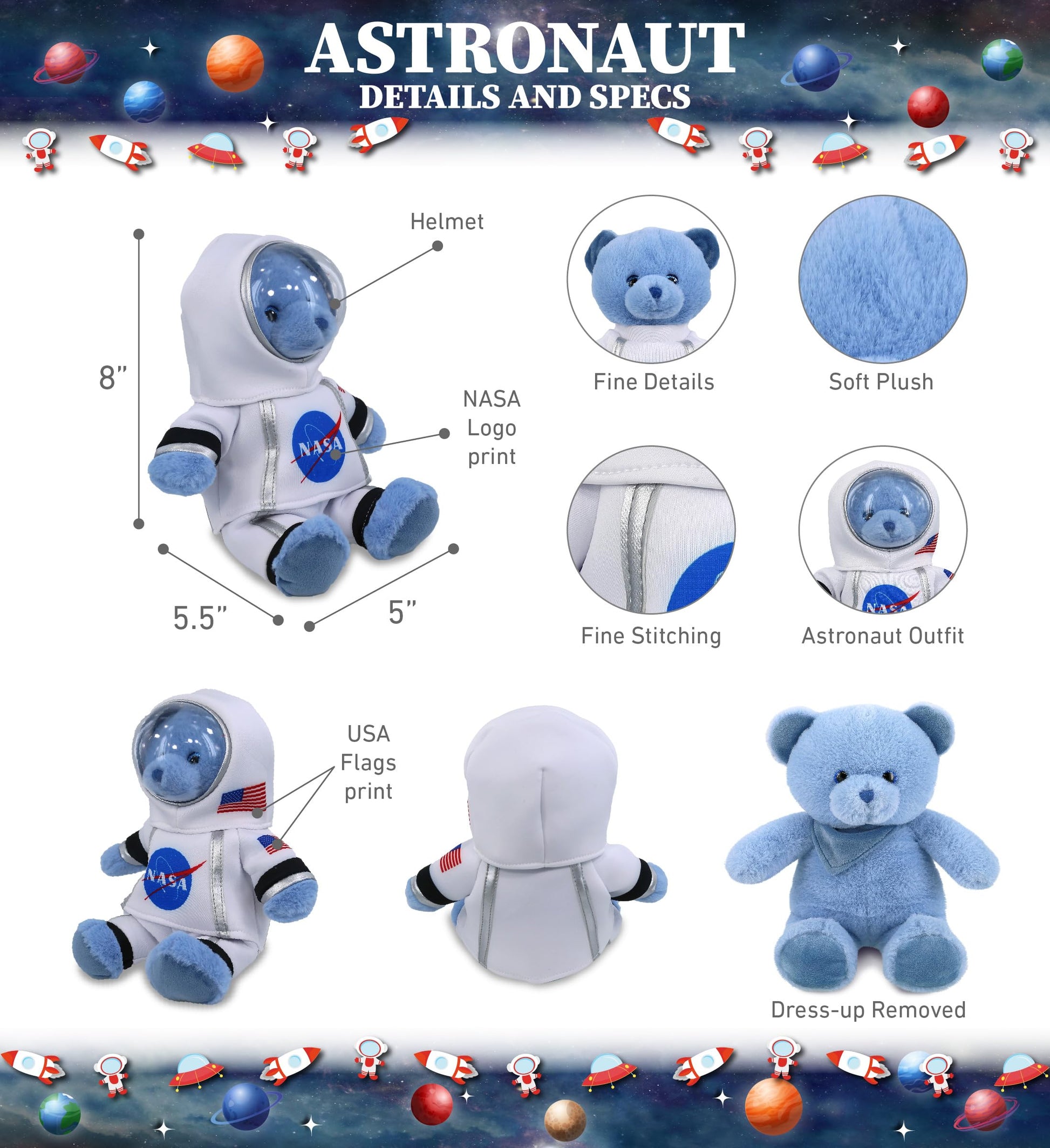 DolliBu Baby Blue Bear Astronaut Plush Toy - Wild Life Astronaut Stuffed Animal with Space Helmet and NASA Astronaut Suit, Spaceman Doll Decor