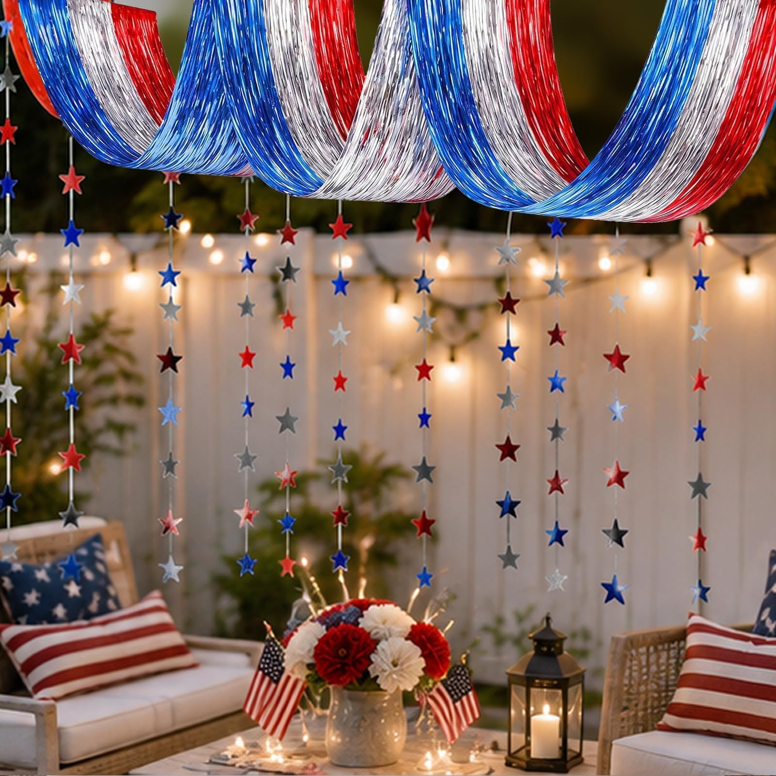 Patriotic Decorations, 5Pack USA Red White and Blue Decorations Metallic Foil Ceiling Fringe Curtains and Star Garland for or 250th Anniversary