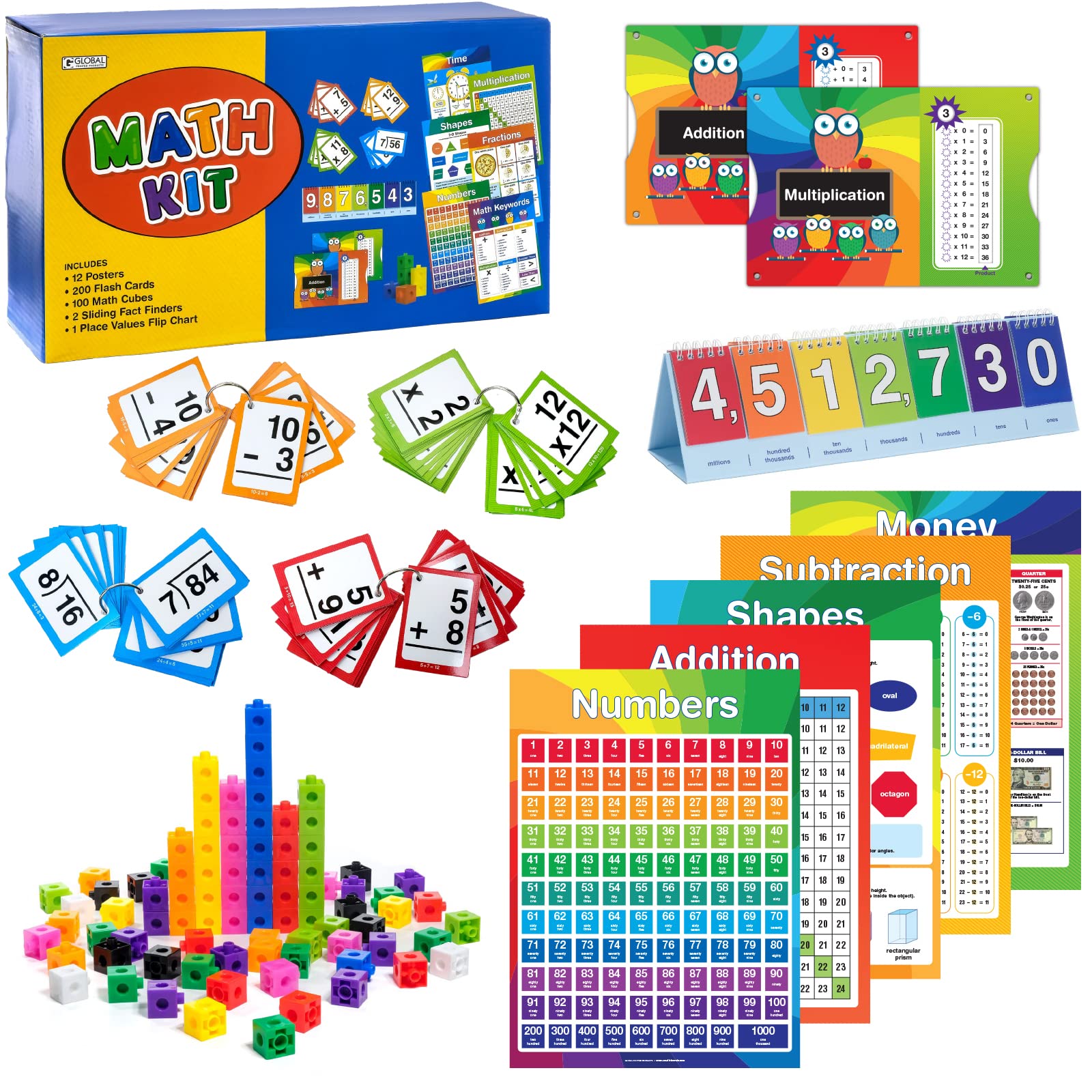 Excello Global Educational Math Kit - 315 Piece Set Includes Educational Posters, Flash Cards, Math Cubes, flip Chart, and Sliding fact Finders