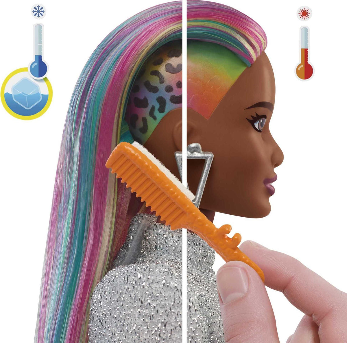Barbie Leopard Rainbow Hair Doll (Brunette) with Color-Change Hair Feature, 16 Hair & Fashion Play Accessories Including Scrunchies, Brush, Fashion
