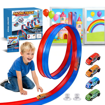 Flexible Race Track for Kids, 16.4FT Flexible Race Track with 2 Strong Screw Suction Cup & 4 Pull-Back Toy Cars, Portable DIY Flexible Racing Track