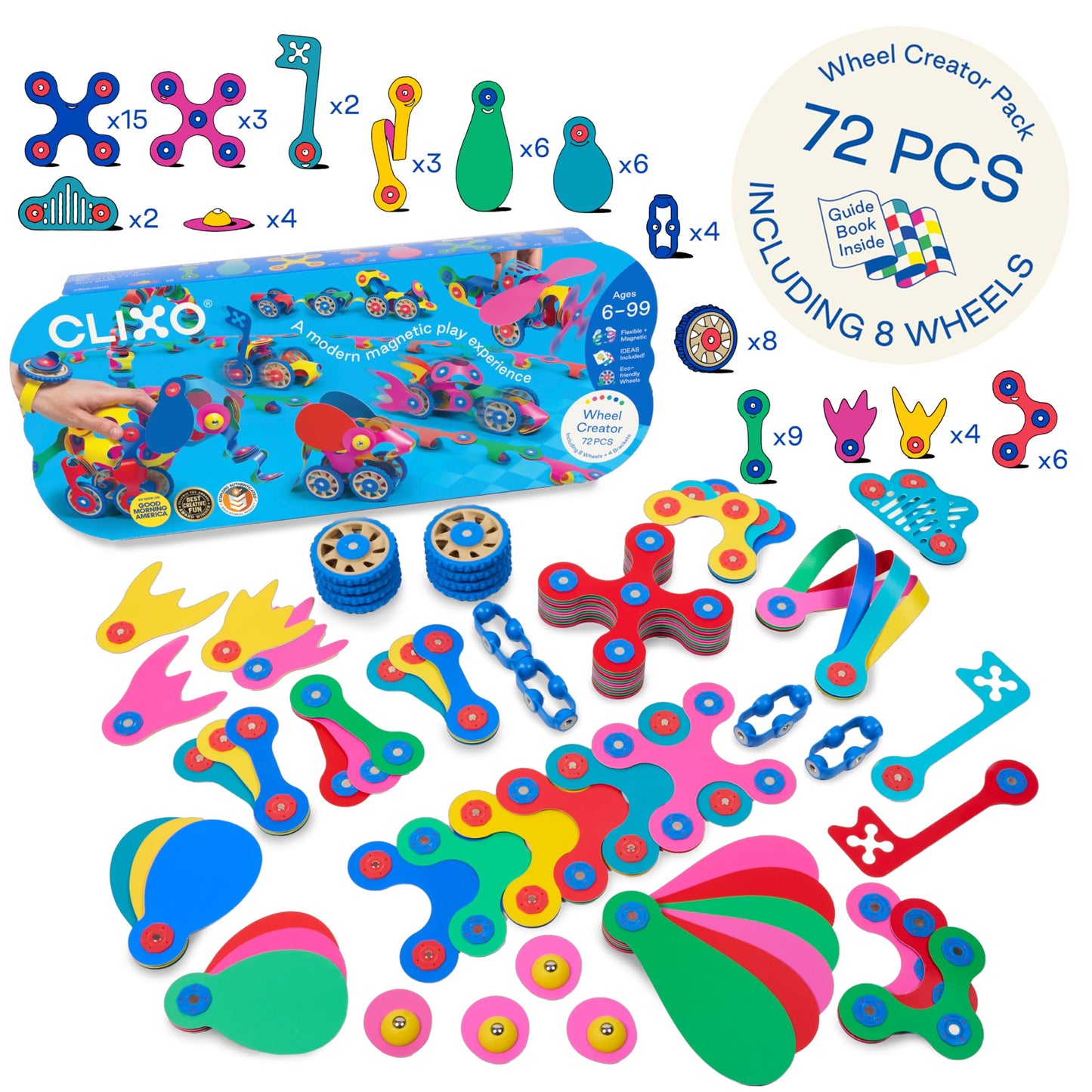 Clixo Wheel Creator Pack, 72 Pieces Pack - Construction Magnet Toy. Flexible, Creative-Boosting Magnetic Building Tiles. Educator-Approved Design