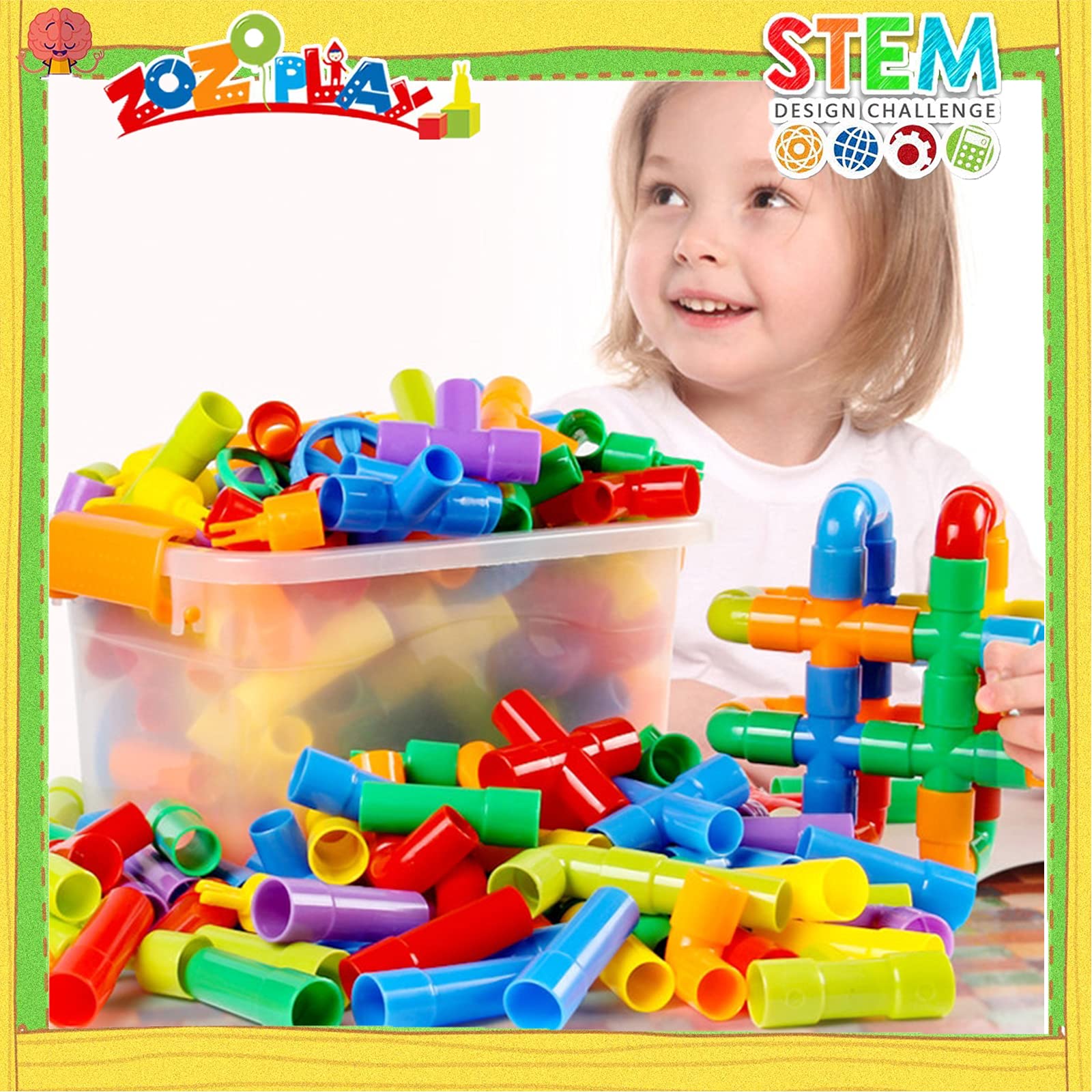 ZOZOPLAY STEM Toys Tube Locks, 72 Piece Tubular Pipes & Spouts & Joints & Whistles & Trumpet Toy, Learning Educational Building Block Set