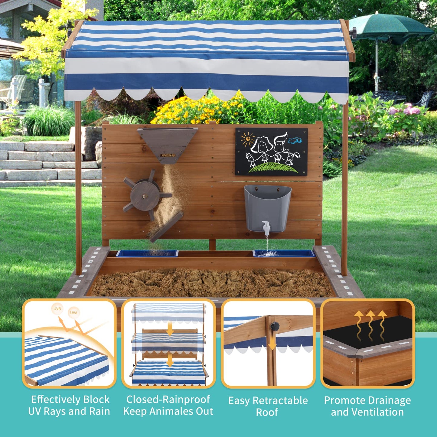 Kids Large Wooden SandBoxes with Roof, Pipleo Outdoor Sand Box Play w/Canopy for Backyard Garden Beach, Sand Pit for Beach Patio Outdoor, [Adjustable