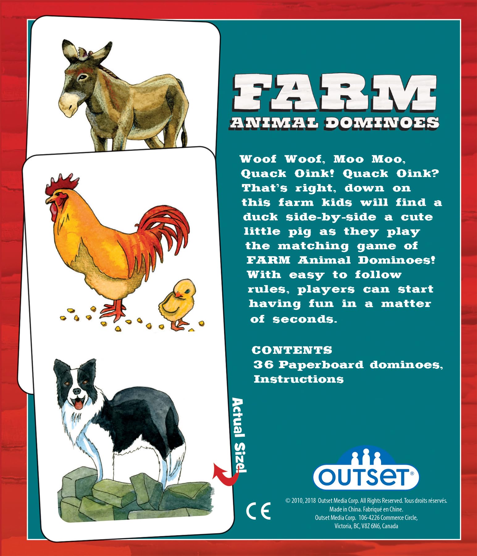 Farm Animal Dominoes - Outset Media, Classic Matching Card Game, No Reading Required, Childen & Preschoolers, Ages 3+