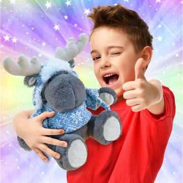 DolliBu Plush Moose Stuffed Animal - Soft Plush Huggable Gray Moose with Sweater & Hat, Adorable Plush Toy, Cute Wild Life Cuddle Gift for Kids
