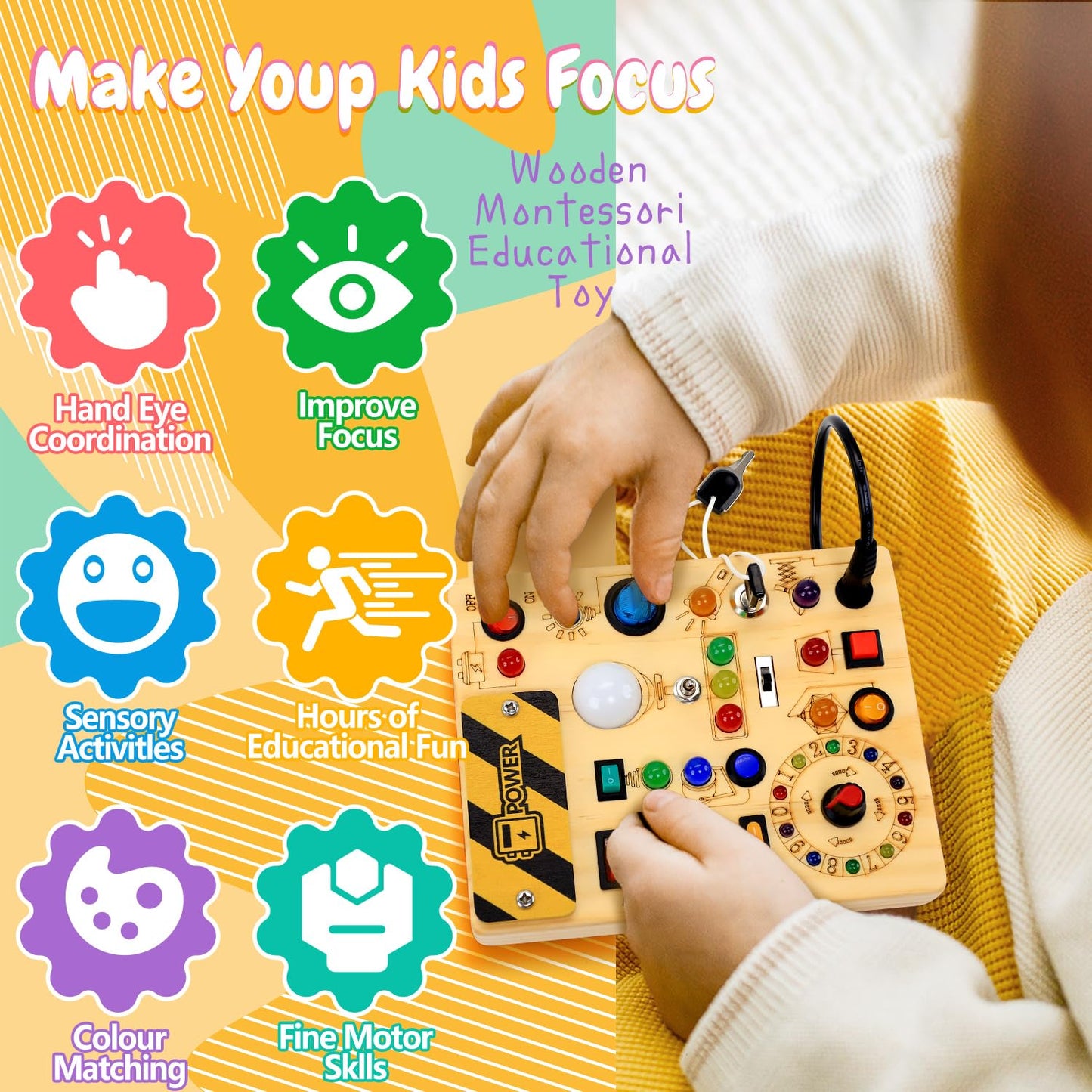 Busy Board with LED Light Switches, Montessori Toys for 1 2 3 Years Old, Toddlers Wooden Toy Sensory Activity Board, Travel Toys for 1+ Year Old Boy