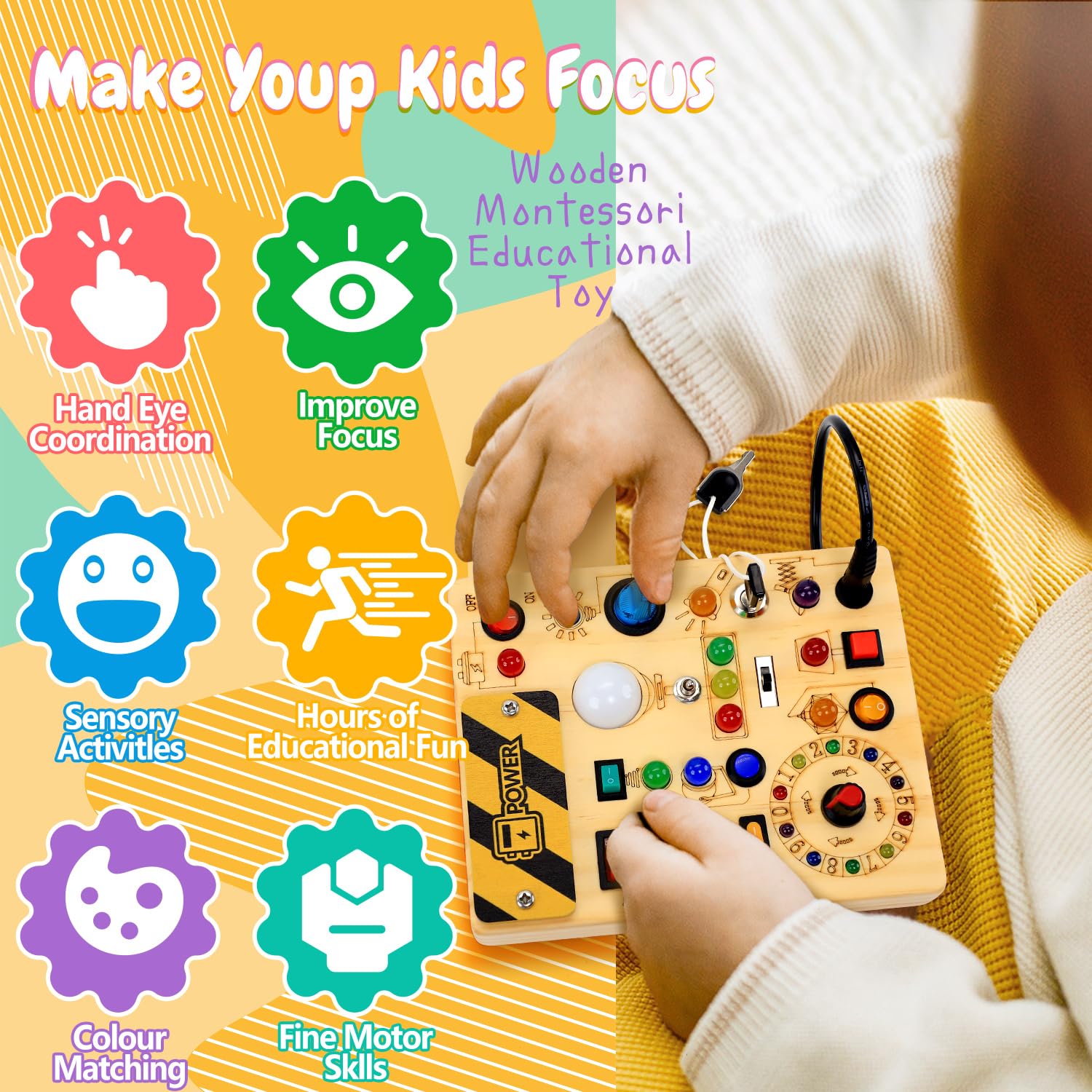 Busy Board with LED Light Switches, Montessori Toys for 1 2 3 Years Old, Toddlers Wooden Toy Sensory Activity Board, Travel Toys for 1+ Year Old Boy