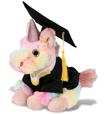 DolliBu Rainbow Unicorn Graduation Plush Toy - Super Soft Plush Graduation Stuffed Animal Dress Up with Gown and Cap with Tassel Outfit