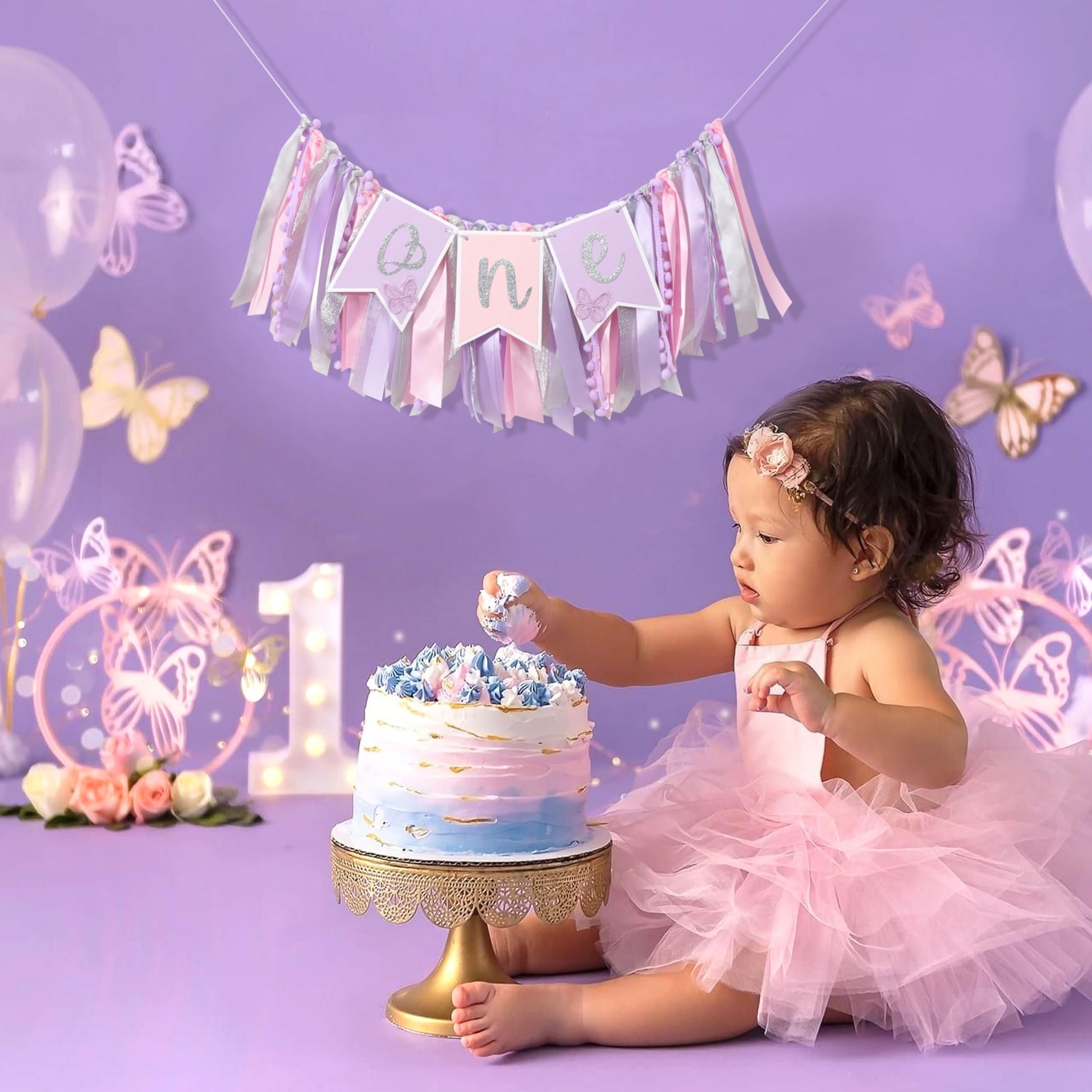 Pink & Purple Butterfly 1st Highchair Banner for Girls - Spring Butterfly One Party Decor & Cake Smash Photo Prop