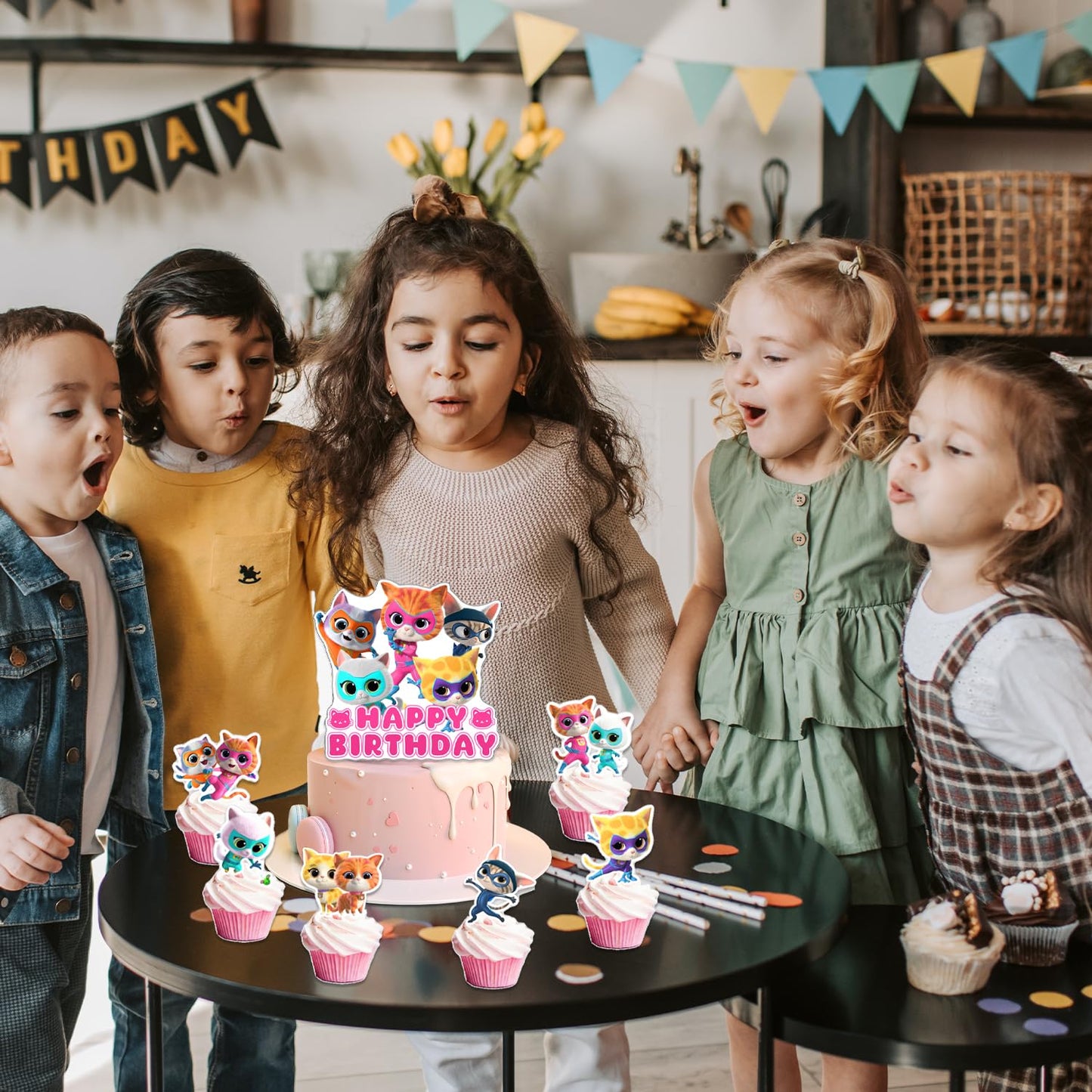 25Pcs Super Kitties Birthday Party Supplies Pack Includes 1 Cake Topper 24 Cupcake Toppers for Super Kitties Party Supplies