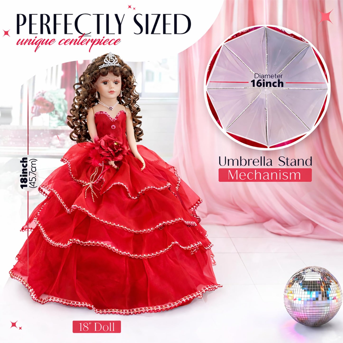 18” Quinceañera Last Doll with Umbrella Dress Stand - Última Muñeca Mis Quince Años Keepsake, Traditional Hispanic Mis 15 Doll, Ceremony & Table