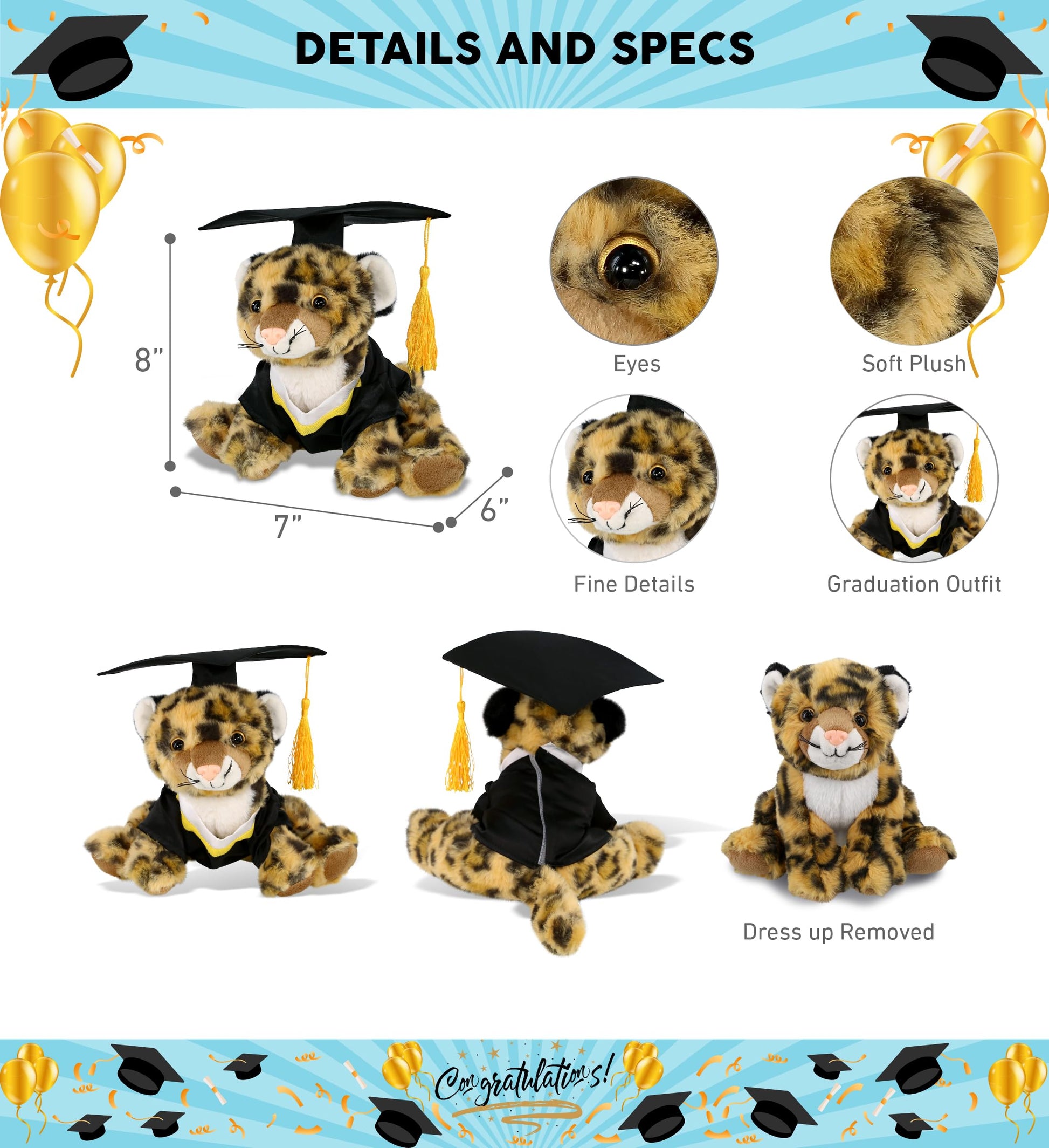 DolliBu Squat Leopard Graduation Plush Toy - Soft Leopard Plush Graduation Stuffed Animal Dress Up with Gown & Cap with Tassel Outfit - Gift