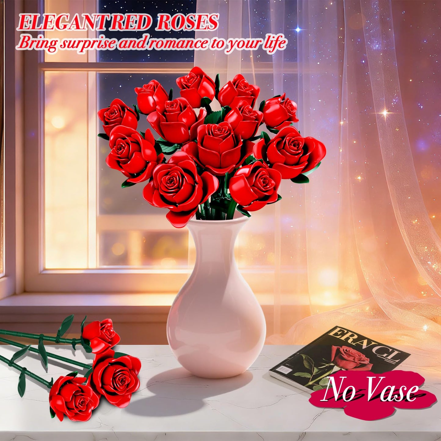 eafzv Flowers Bouquet Building Set, 12 Artificial Red Roses Botanical Collection Building Block Educational Toys for Girls Kids Women, 634 PCS