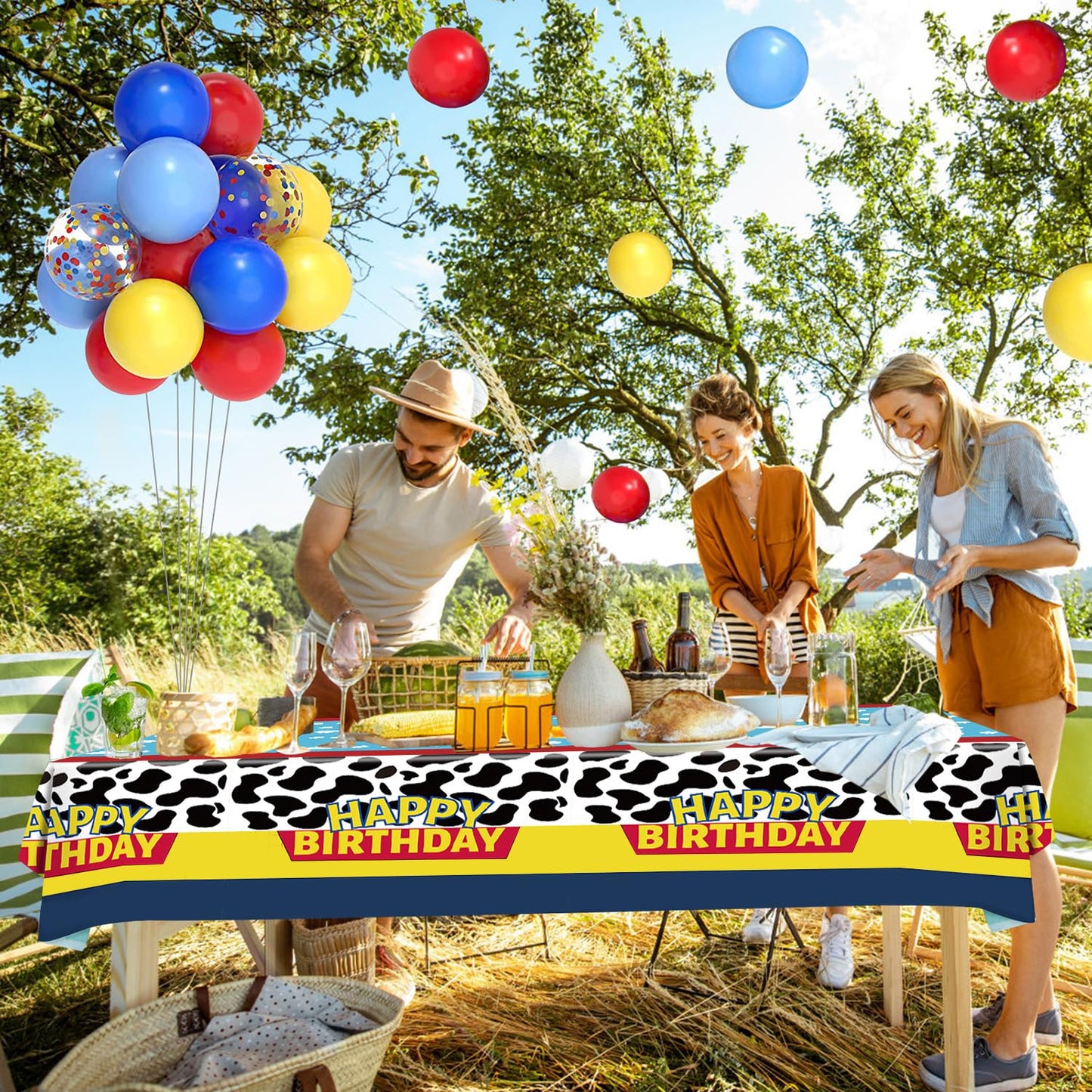 QUERICKY 4 Pack Story Tablecloths, 51x87'' Cow Pattern Table Cover, Story Theme Happy Birthday Decorations for Boy Girl Kids Birthday Party Supplies