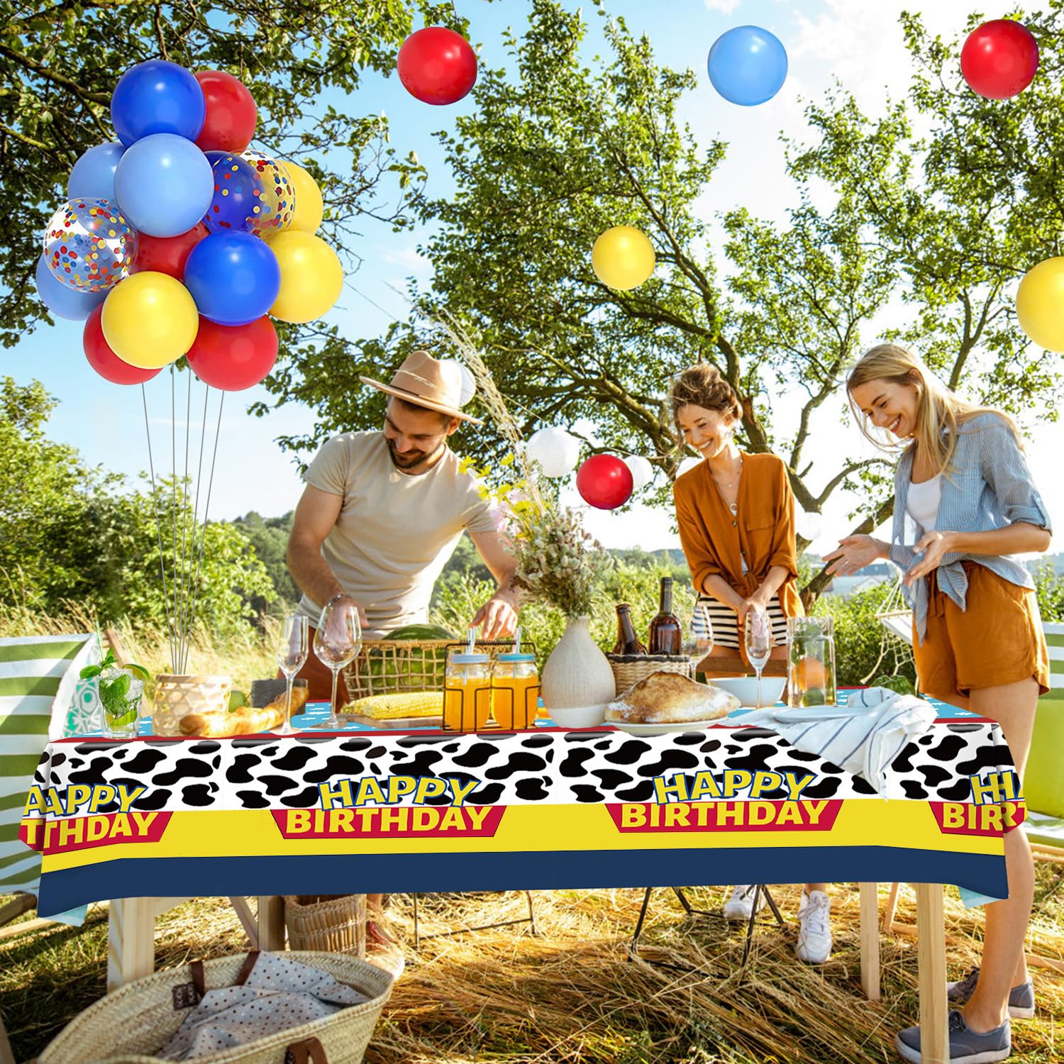 QUERICKY 4 Pack Story Tablecloths, 51x87'' Cow Pattern Table Cover, Story Theme Happy Birthday Decorations for Boy Girl Kids Birthday Party Supplies