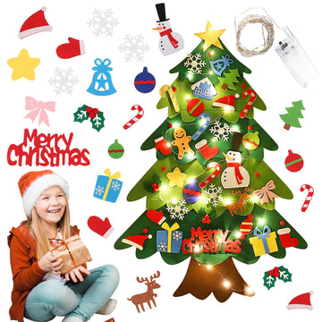 Felt Christmas Tree Set, 3.2ft Wall Hanging DIY Christmas Tree with LED Light Strings Detachable Ornaments DIY Felt Tree Craft Kits for Xmas Gifts