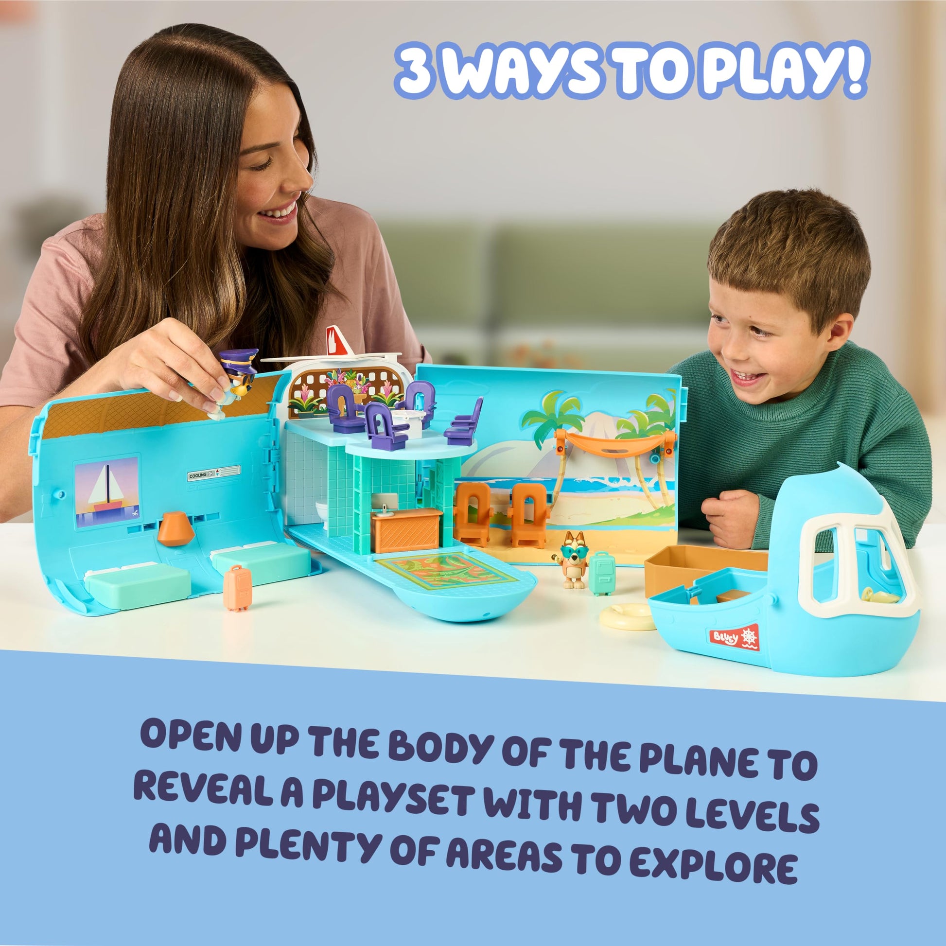 Bluey 3-in-1 Transforming Airplane Toys for Kids, Resort & Boat