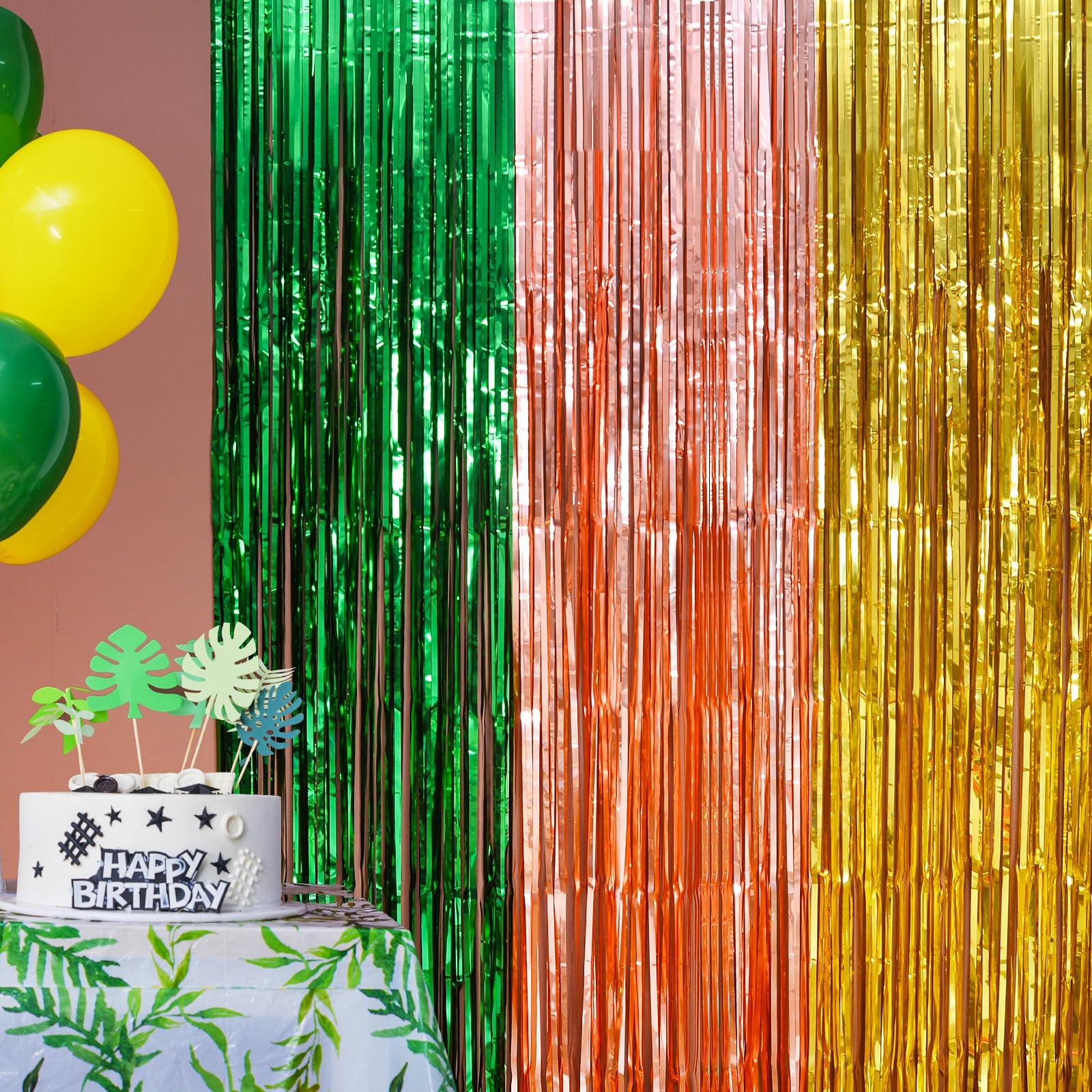 LOLStar Hawaiian Luau Foil Fringe Curtains, Tropical Party Backdrop, 2 Pack