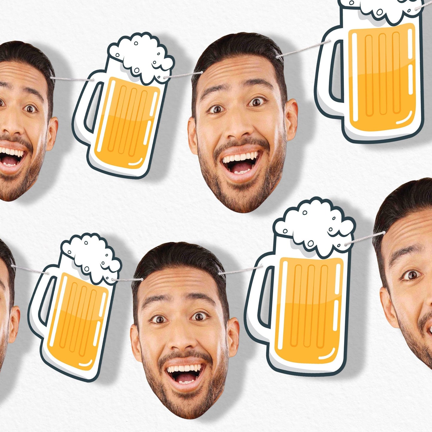 Big Dot of Happiness Custom Cheers and Beers Face Cut Out Garland Banner, Personalized Adult Birthday Party Decor, 30 Feet of Cord, 5 Photo Face