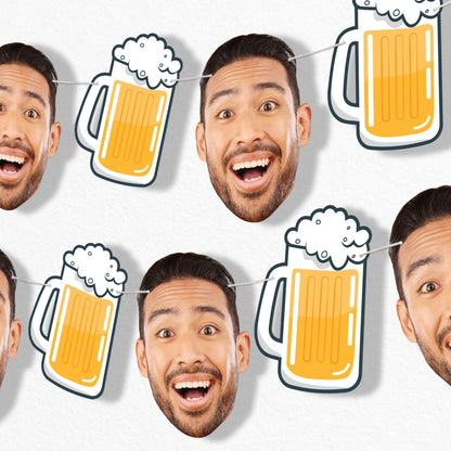 Big Dot of Happiness Custom Cheers and Beers Face Cut Out Garland Banner, Personalized Adult Birthday Party Decor, 30 Feet of Cord, 5 Photo Face