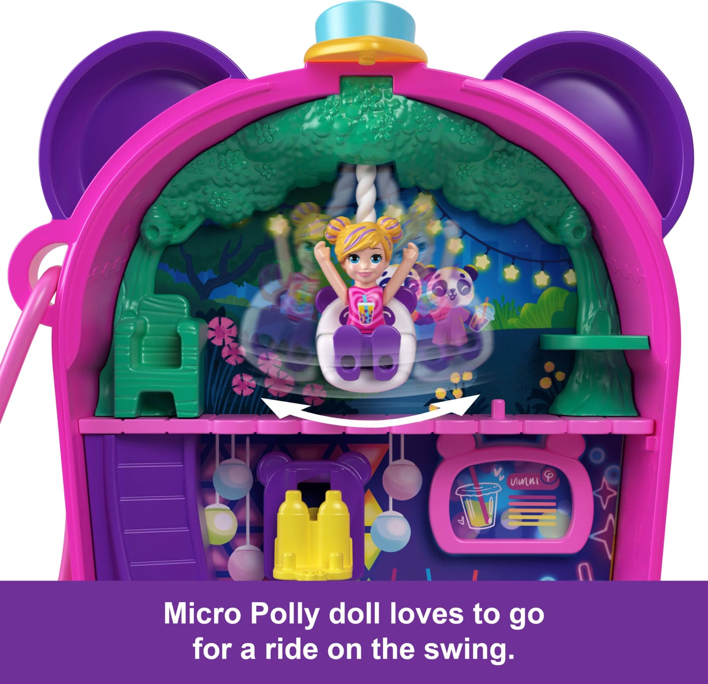 Polly Pocket Playset with 2 Micro Dolls & Food Accessories, Bubble Tea Panda Compact Animal Toy