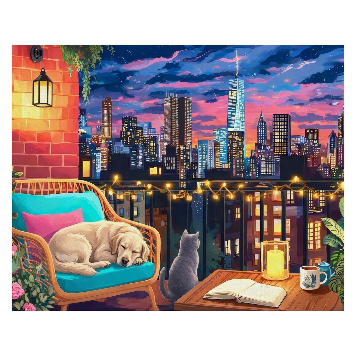 Springbok Cozy Nights & City Lights 500 Piece Jigsaw Puzzle for Adults - Cozy Rooftop Cityscape - Poster Included - Unique Cut Pieces - Made in USA
