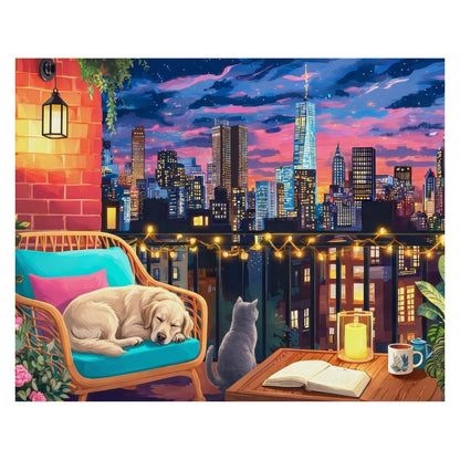 Springbok Cozy Nights & City Lights 500 Piece Jigsaw Puzzle for Adults - Cozy Rooftop Cityscape - Poster Included - Unique Cut Pieces - Made in USA