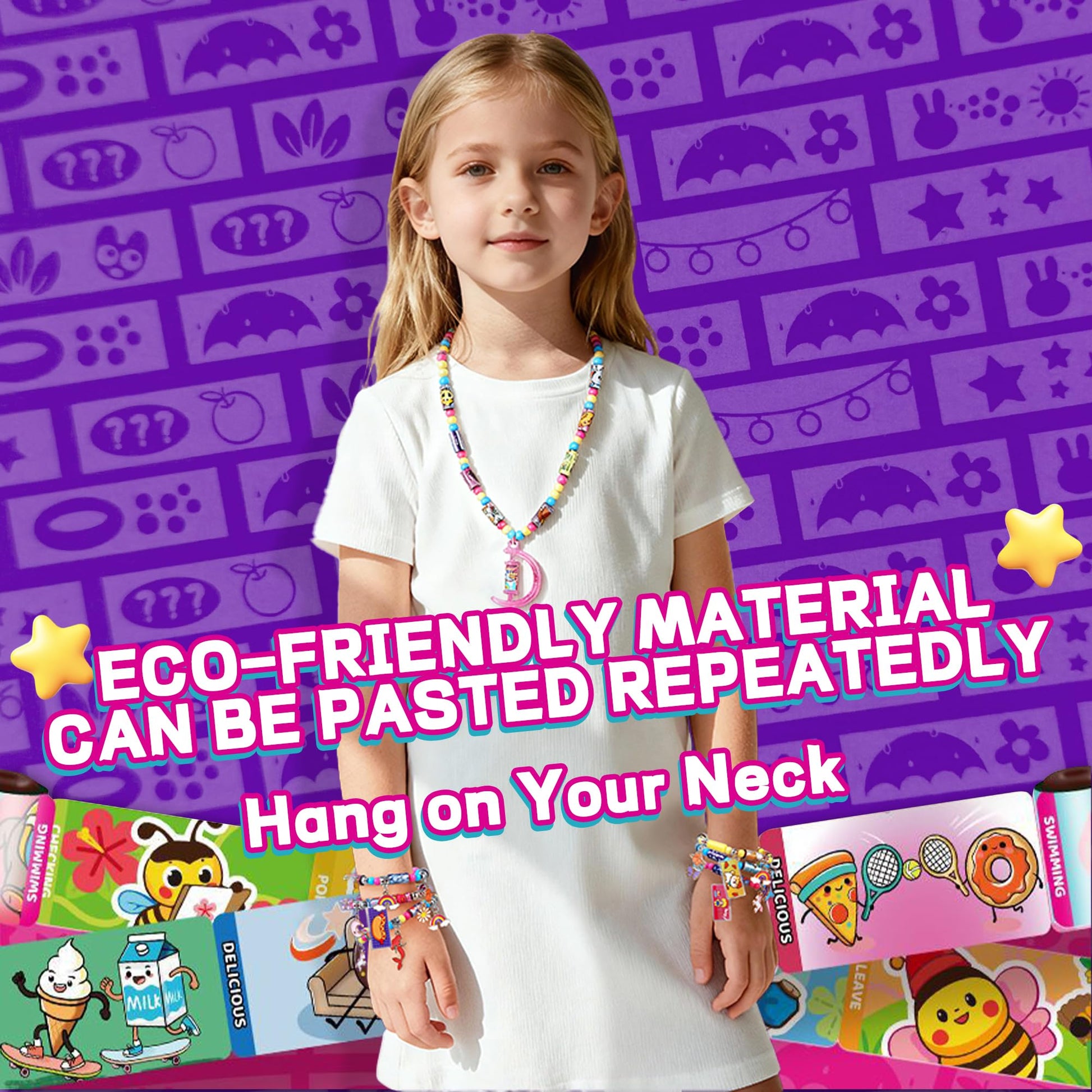 xouyhzy Creative Sticky Rolls Bracelet Kit-24 Surprise Sticker Rolls(240 Reusable Holographic Stickers)+1 Sticker Book+2 Necklaces,1 Bracelet&150