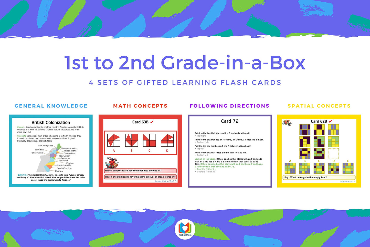 TestingMom.com Gifted Learning Flash Cards Bundle - Educational Flash Cards for 6-8 Years - Knowledge, Spatial Concepts, Following Directions and Math