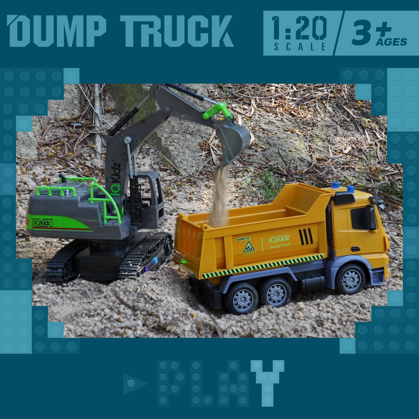 IQKidz Remote Control Dump Truck Toys - RC Construction Vehicles with Blue Warning Lights, Trucks Toy for Boys Girls 3 4 5-7 8 9 10 Year Old and Up
