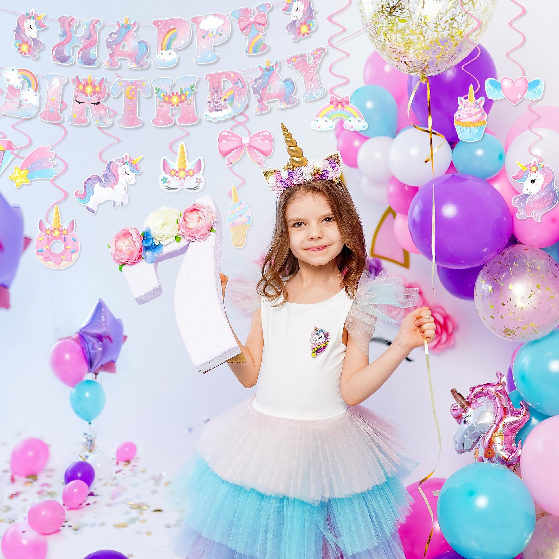Unicorn Birthday Decorations for Girls, Unicorn Party Supplies with Unicorns Rainbow Happy Birthday Banner & Hanging Swirls, Magical Unicorns Themed