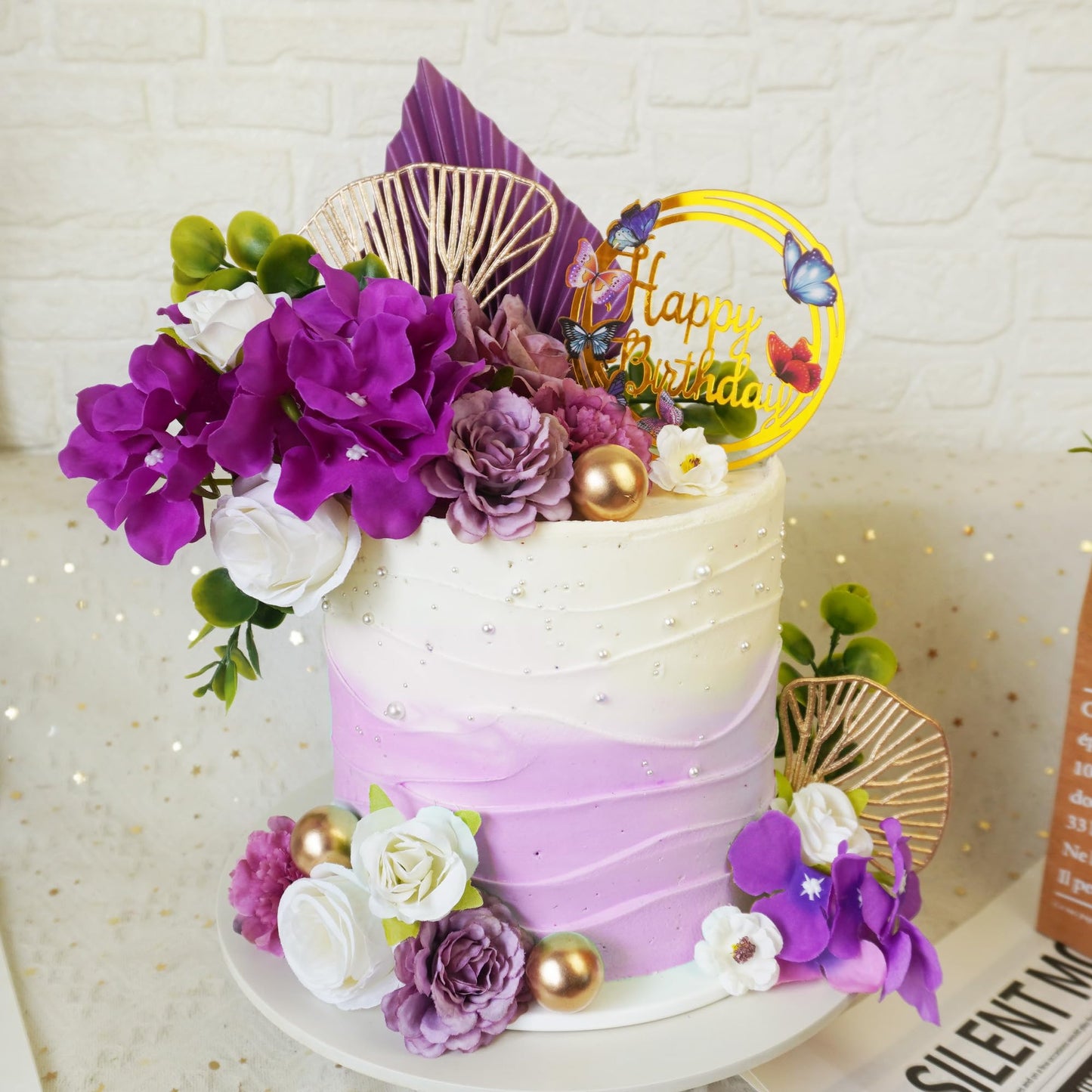 Flower Cake Toppers Purple Cake Decorations with Artificial Flowers Eucalyptu Leaves for Birthday Wedding Supplies (Purple)