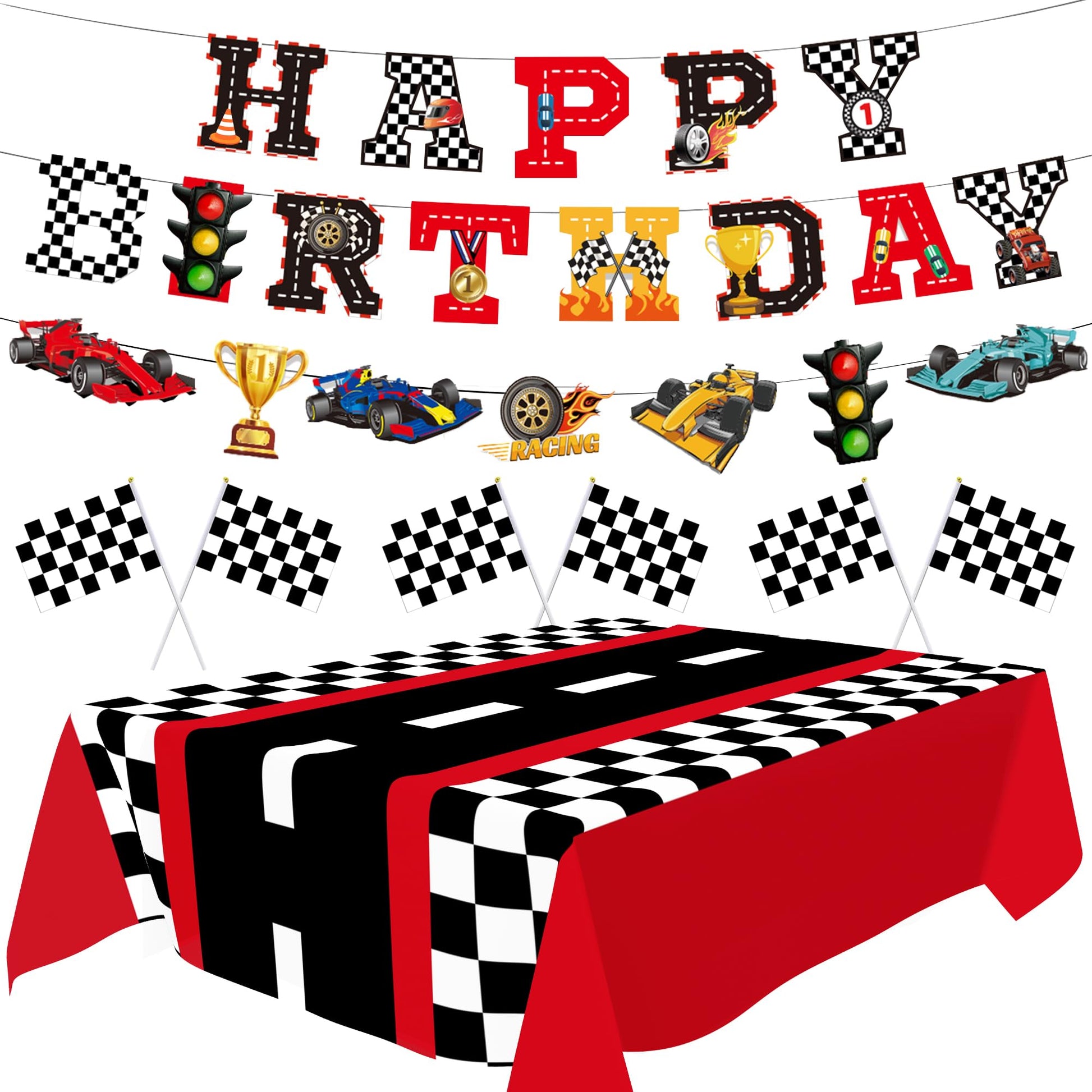 Race Car Party Decorations Happy Birthday Banner Hot Race Cars Tablecloths