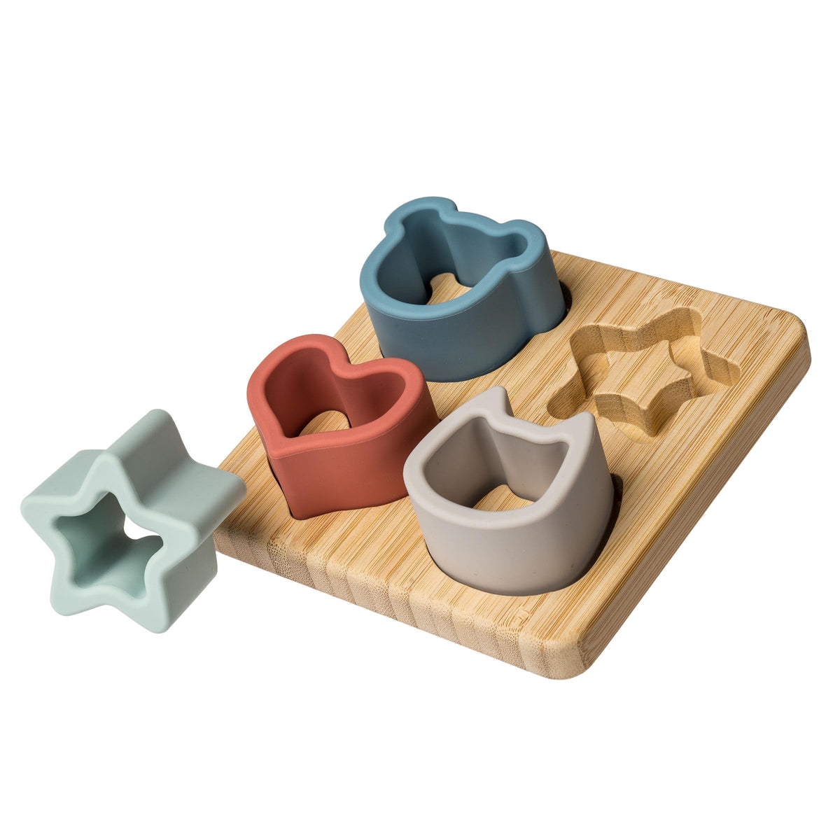 Mary Meyer Baby and Toddler Toys Simply Silicone Sorting Puzzle with Bamboo Base for 12+ Months Old Preschool Gifts, 4 x 4-Inches, Animal, Star, Heart