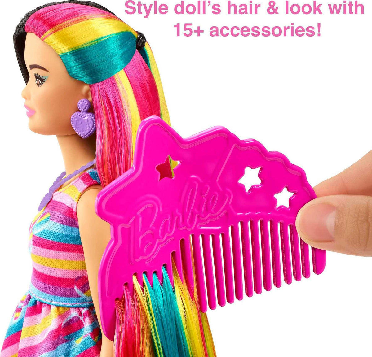 Barbie Totally Hair Doll, Heart-Themed with 8.5-inch Fantasy Hair & 15 Styling Accessories (8 with Color-Change Feature)