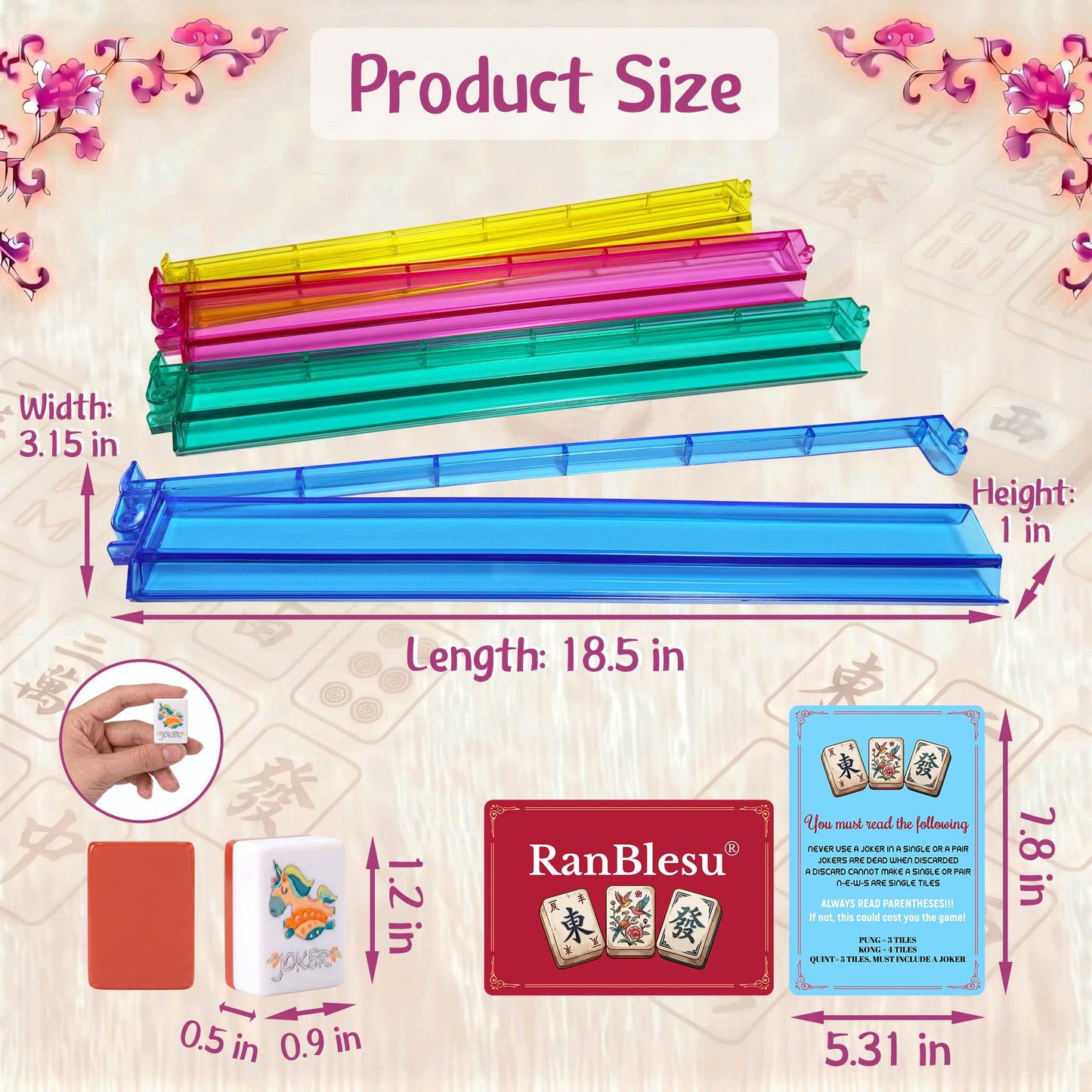 RanBlesu American Mahjong Tile Set, 166 Premium Red Tiles, 4 All-in-One Color Racks/Pushers, Mahjong Accessories Mahjong Set Complete with Bag (Ma