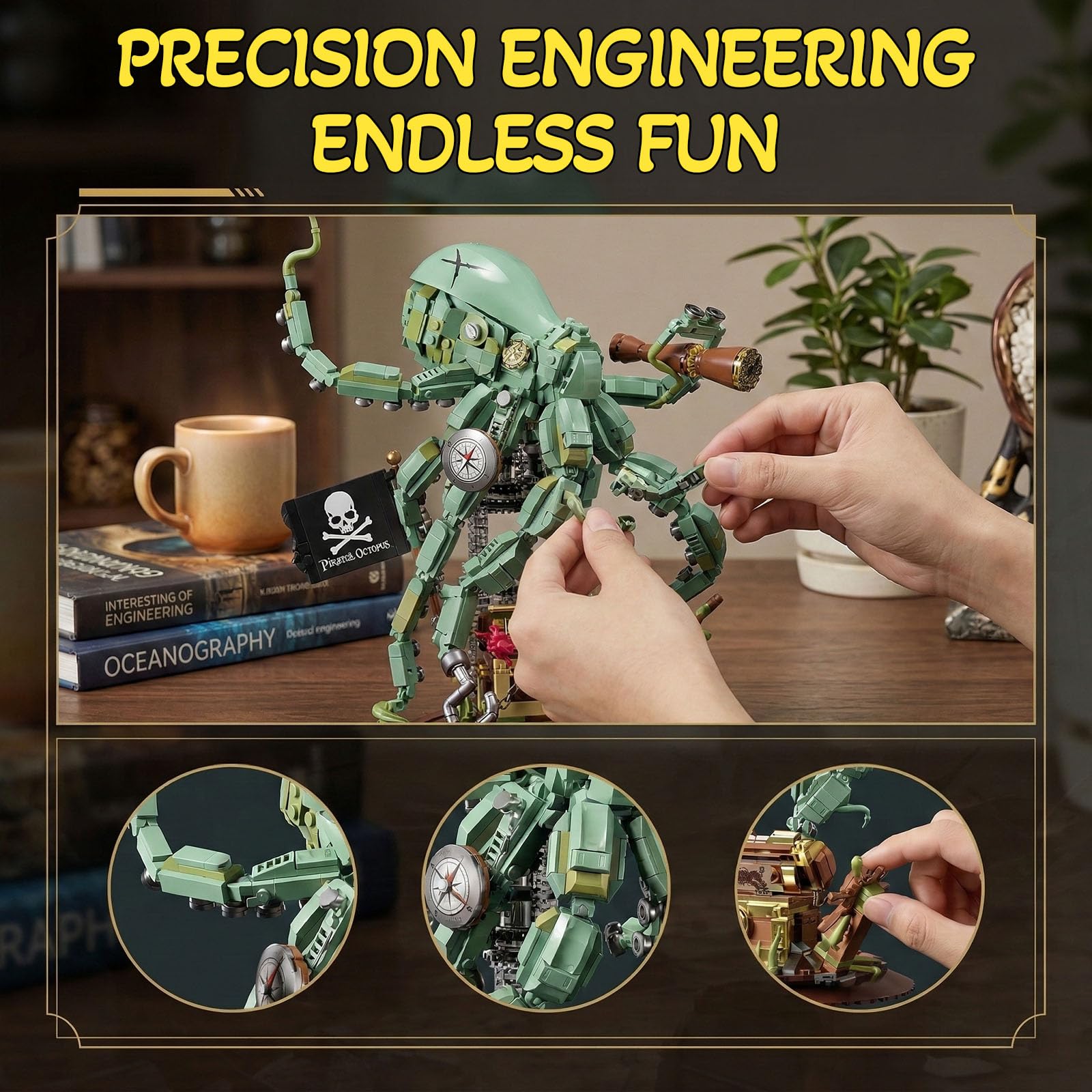 HJPLPXH Octopus Building Blocks Set for Adults Mechanical Pirate Kraken Deep Sea Predator Model with Adjustable Tentacles Pirate Treasure Chest Ocean
