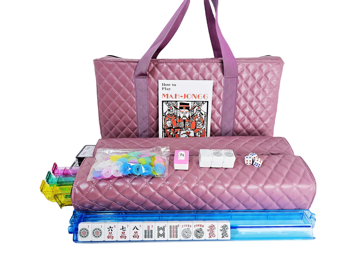 C&H Solutions American Mahjong Set,Mahjong Tiles Set,Purple Pink PU Carrying Bag,166 Premium Tiles,4 All-in-One Rack/Pushers,Western Mahjong