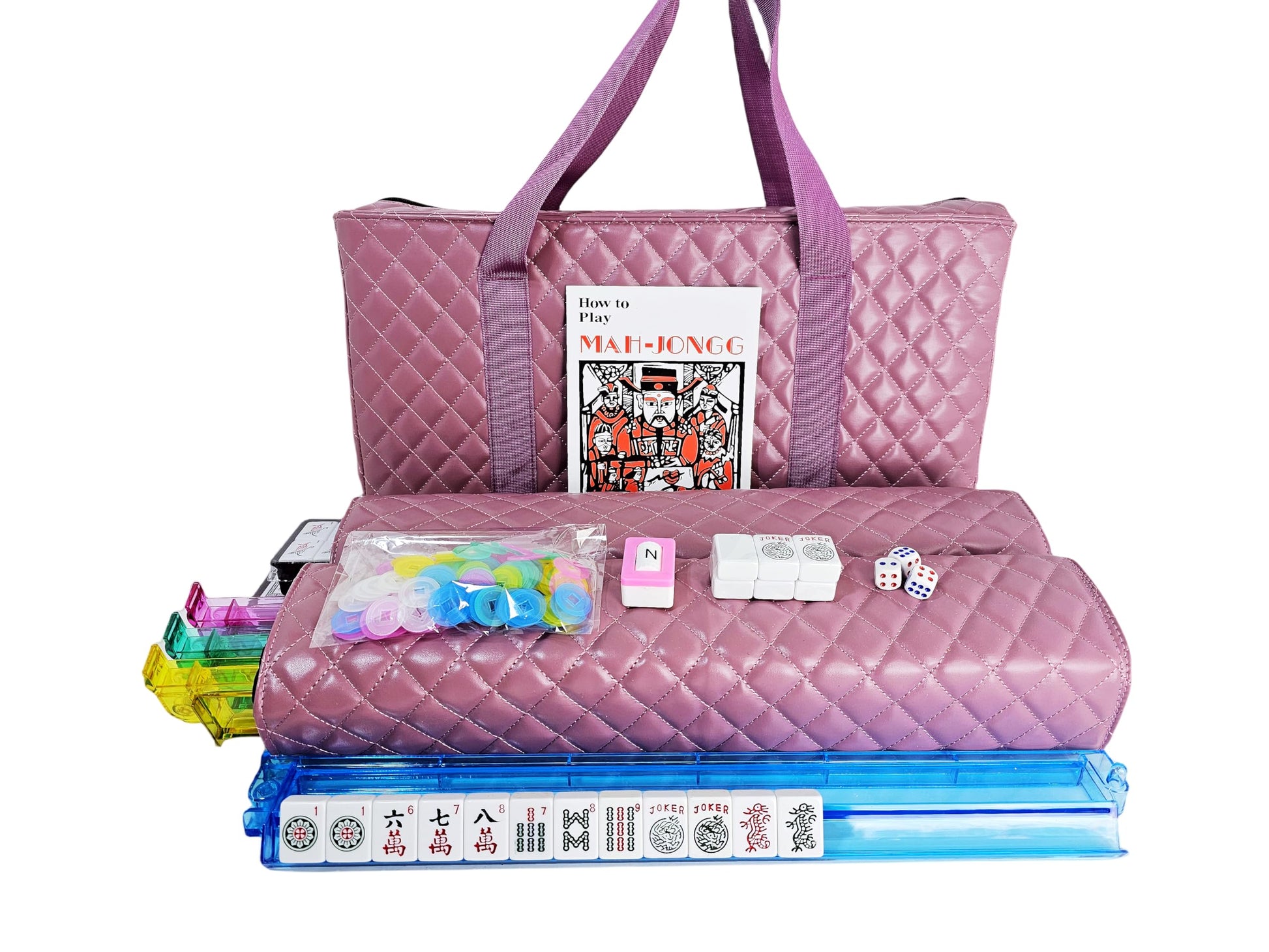 C&H Solutions American Mahjong Set,Mahjong Tiles Set,Purple Pink PU Carrying Bag,166 Premium Tiles,4 All-in-One Rack/Pushers,Western Mahjong
