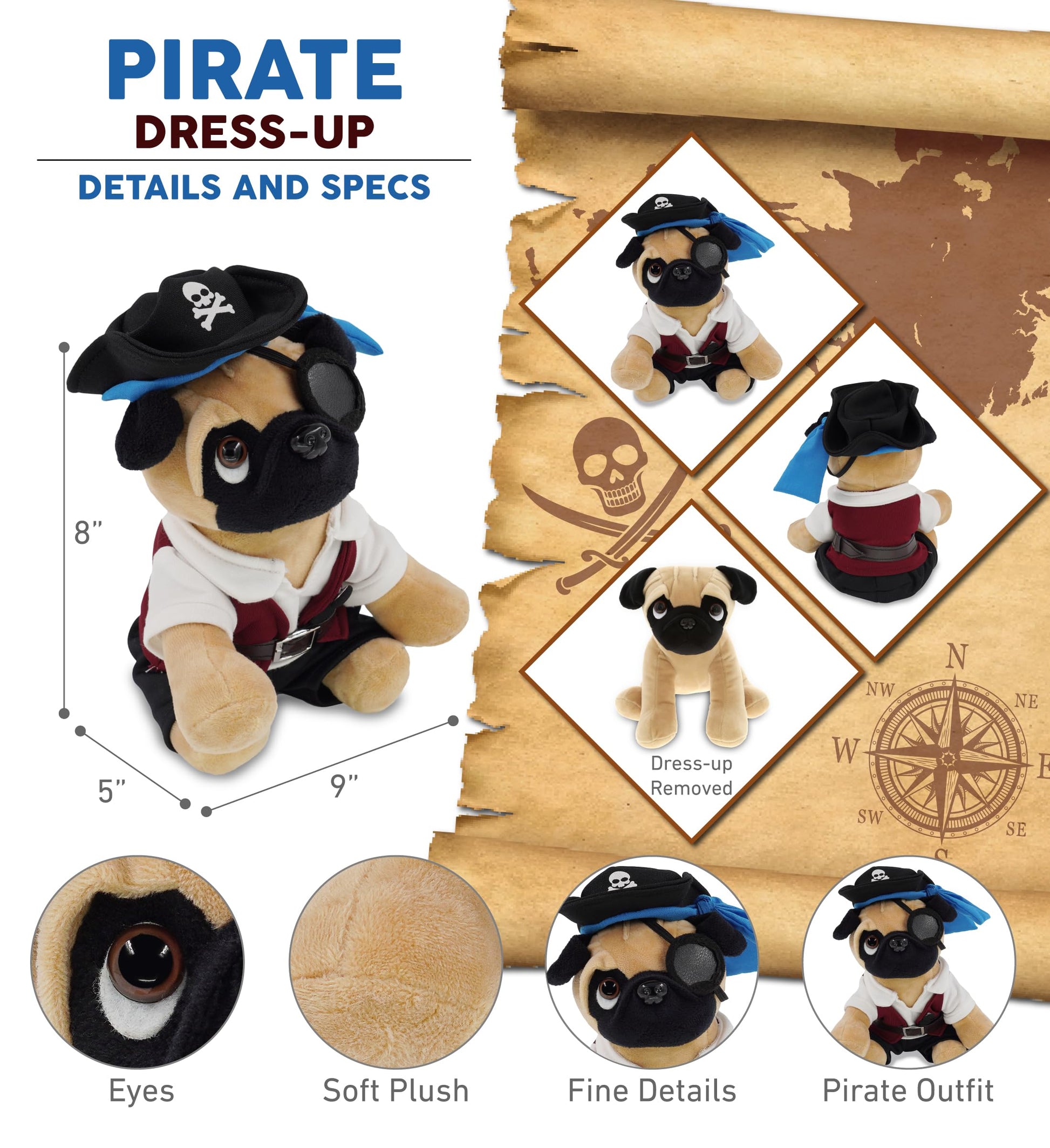 DolliBu Pug Dog Stuffed Animal with Pirate Dress Up and Name Personalization - Sea Adventure Plush Toy with Cute Pirate Costume - Hat, Shirt, Pants