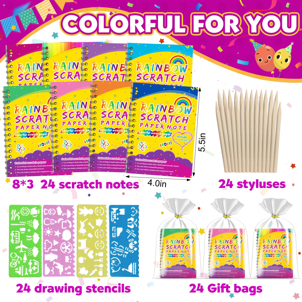 Party Favors for Kids 4-8-12: 24 Pack Scratch Rainbow Art Crafts Notebook, Coloring Book Goodie Bags Stuffers Kit, Bulk Birthday Gift Classroom Prizes